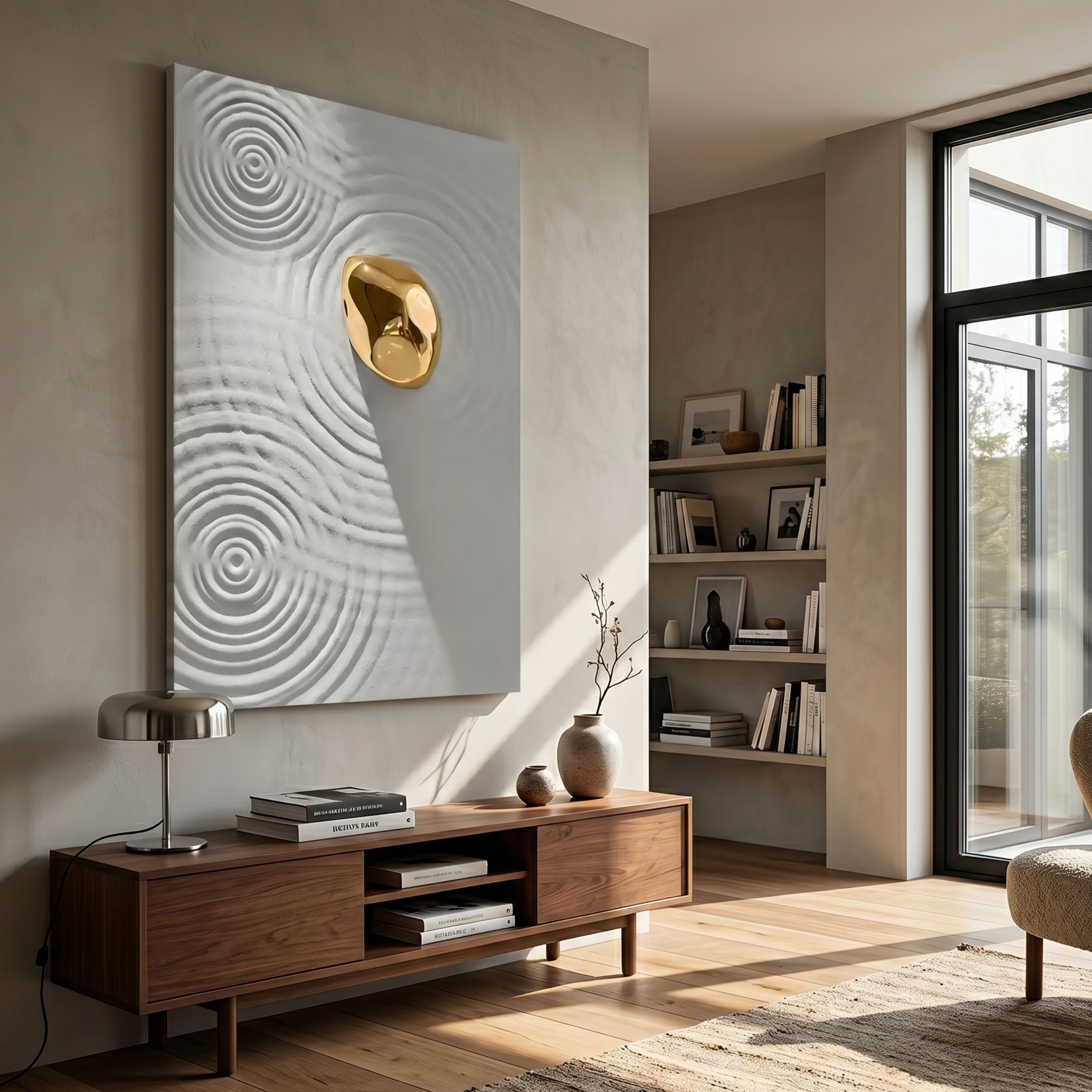 Ondella Gold Ripple II Sandstone Wood Relief 3D Wall Art by Giant Sculptures displayed above a walnut sideboard in a sunlit living room with bookshelves.
