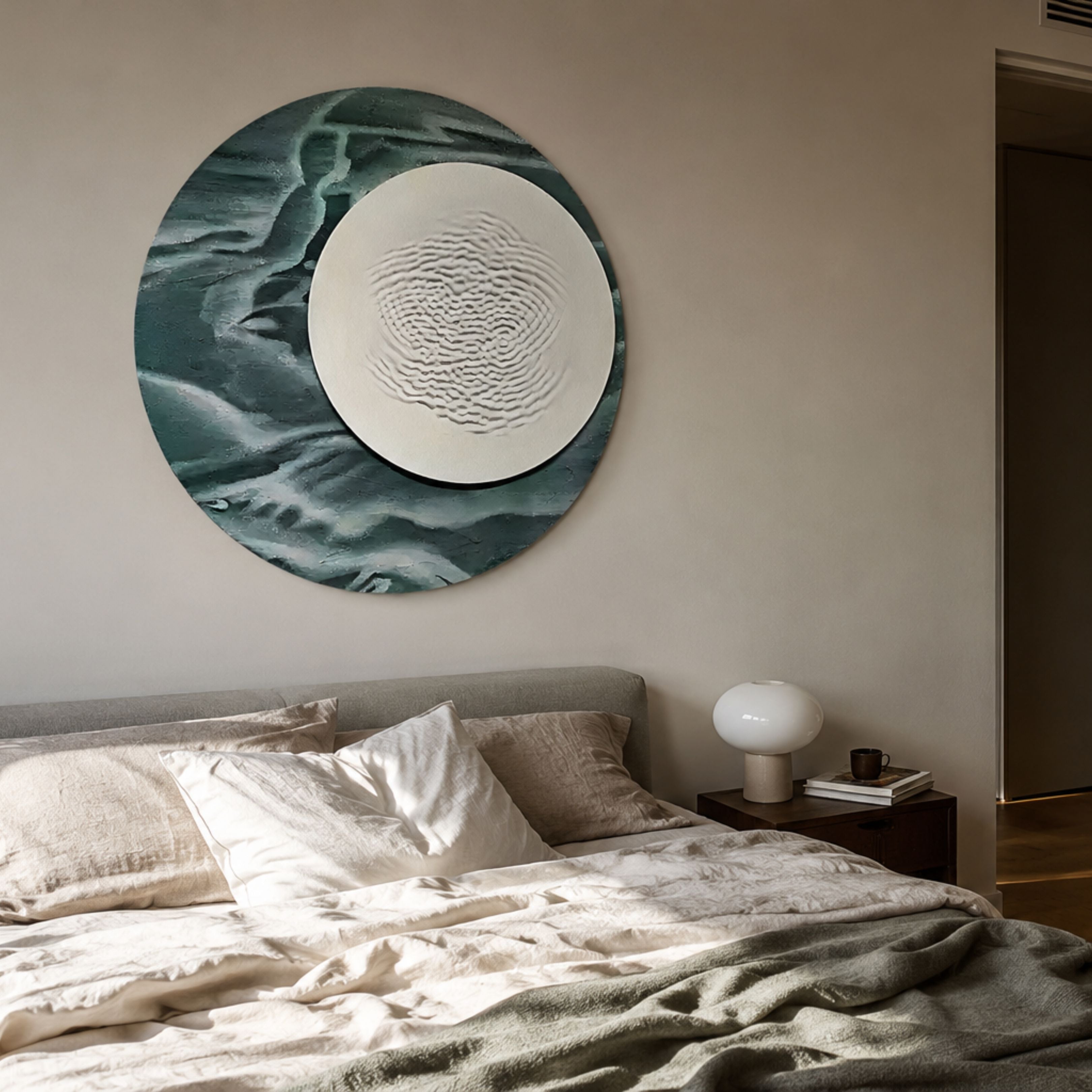 Reveria Moss Green Abstract Wood Carving 3D Wall Art by Giant Sculptures, mounted above a linen-dressed bed with a globe lamp on the bedside table.