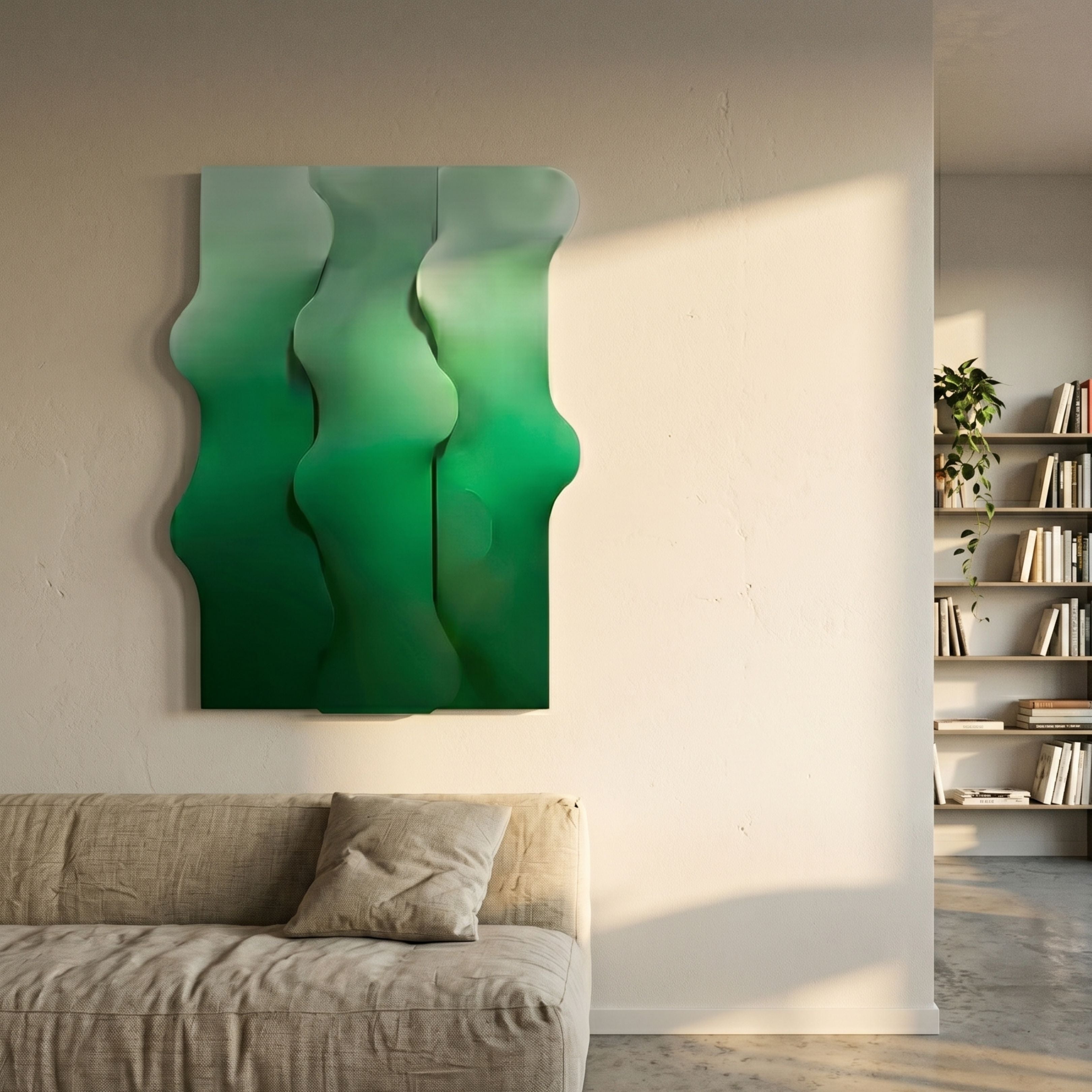 Mystique Green Fabric Abstract Wood Relief 3D Wall Art by Giant Sculptures, three wavy ombre green panels mounted above a linen sofa in a sunlit living room.