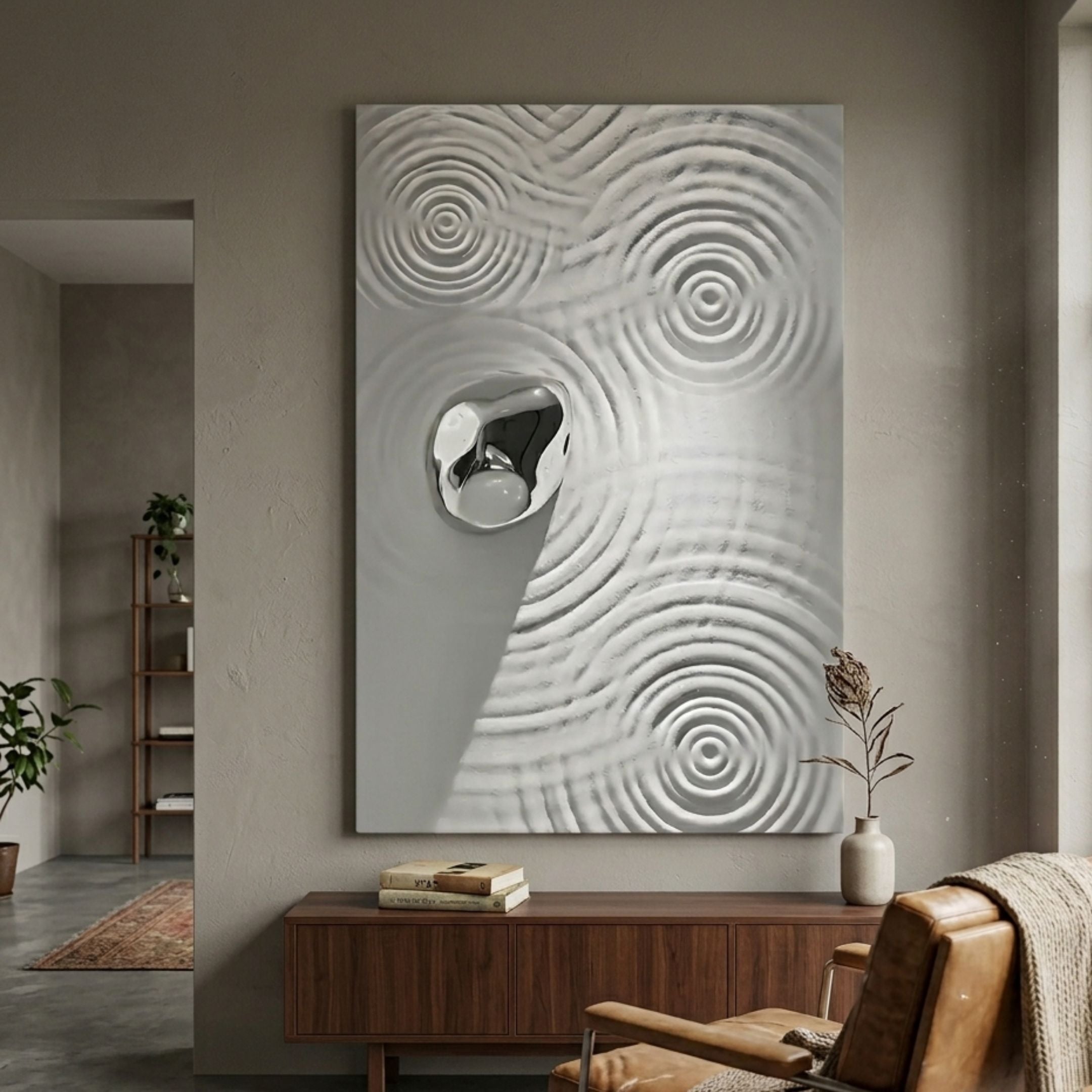 Ondella Silver Ripple III Sandstone Wood Relief 3D Wall Art by Giant Sculptures with carved concentric ripples and a silver form, displayed above a walnut sideboard.