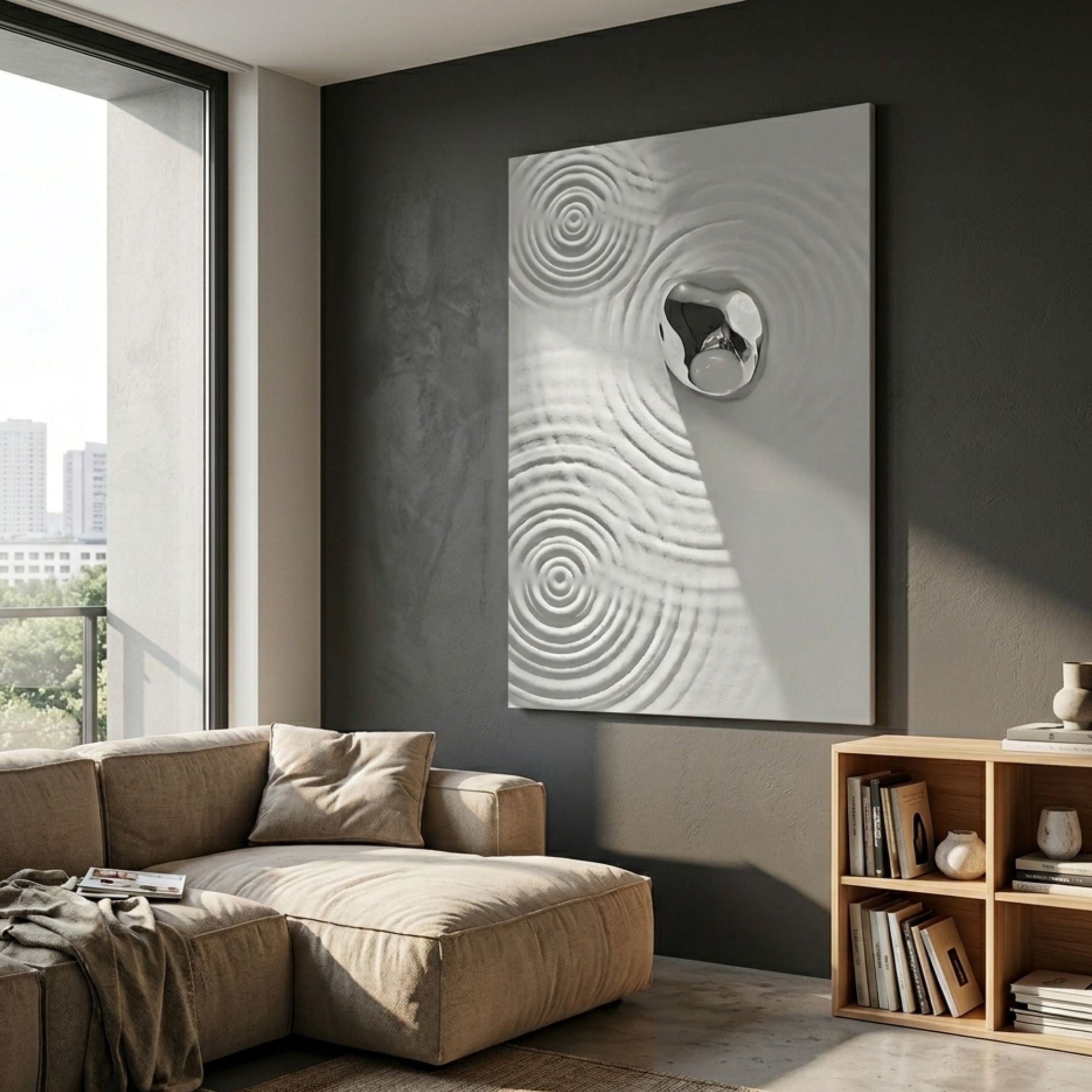 Ondella Silver Ripple II Sandstone Wood Relief 3D Wall Art with concentric silver ripples displayed above a beige sofa in a modern living room with grey walls.