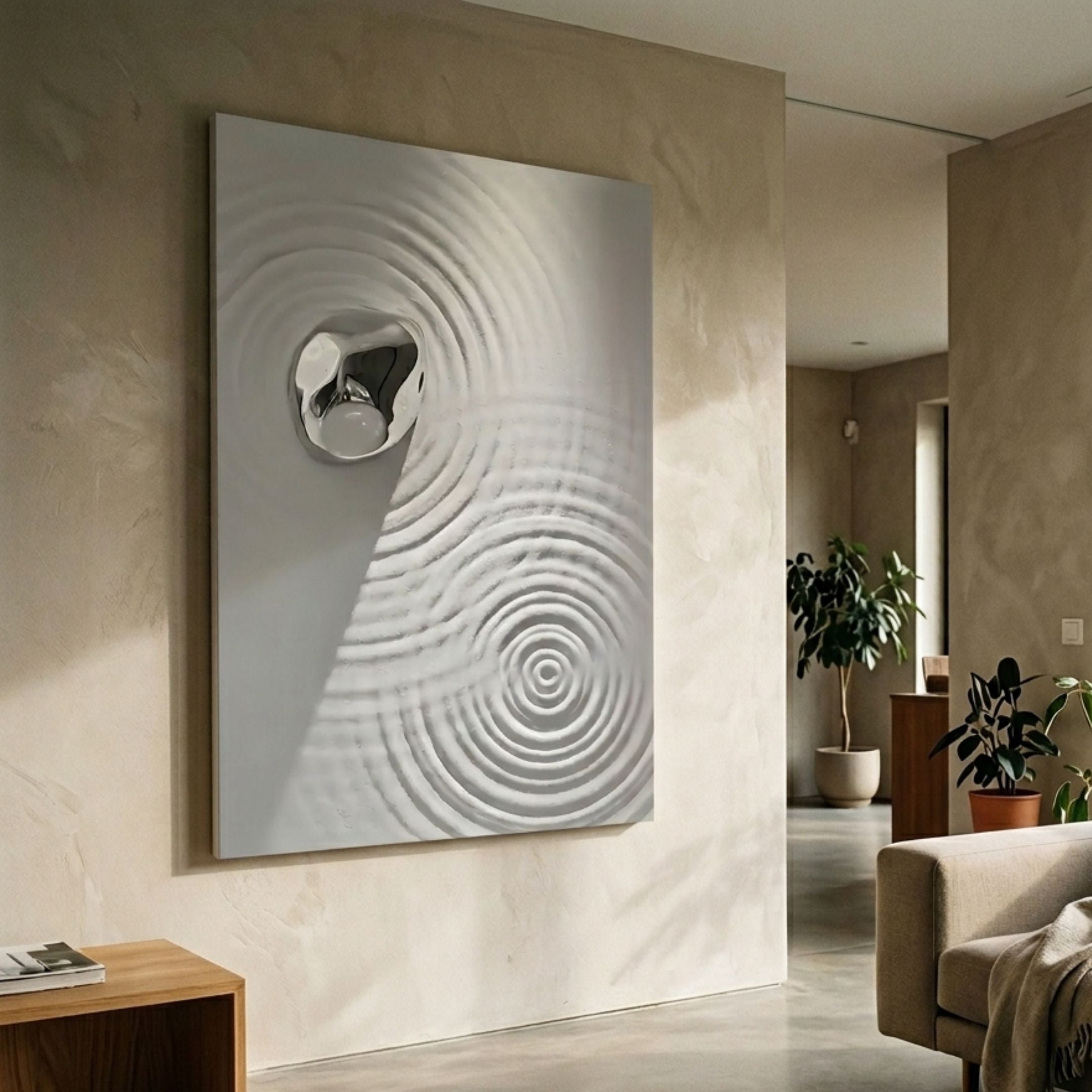 Ondella Silver Ripple I Sandstone Wood Relief 3D Wall Art by Giant Sculptures, displayed on a beige plaster wall in a minimalist living room with potted plants and a neutral sofa.