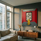 Tigerayu & Tawan Pop Art Canvas Painting by Giant Sculptures displayed above a walnut sideboard in a sunlit living room, featuring a black horse and yellow tiger on red and grey.