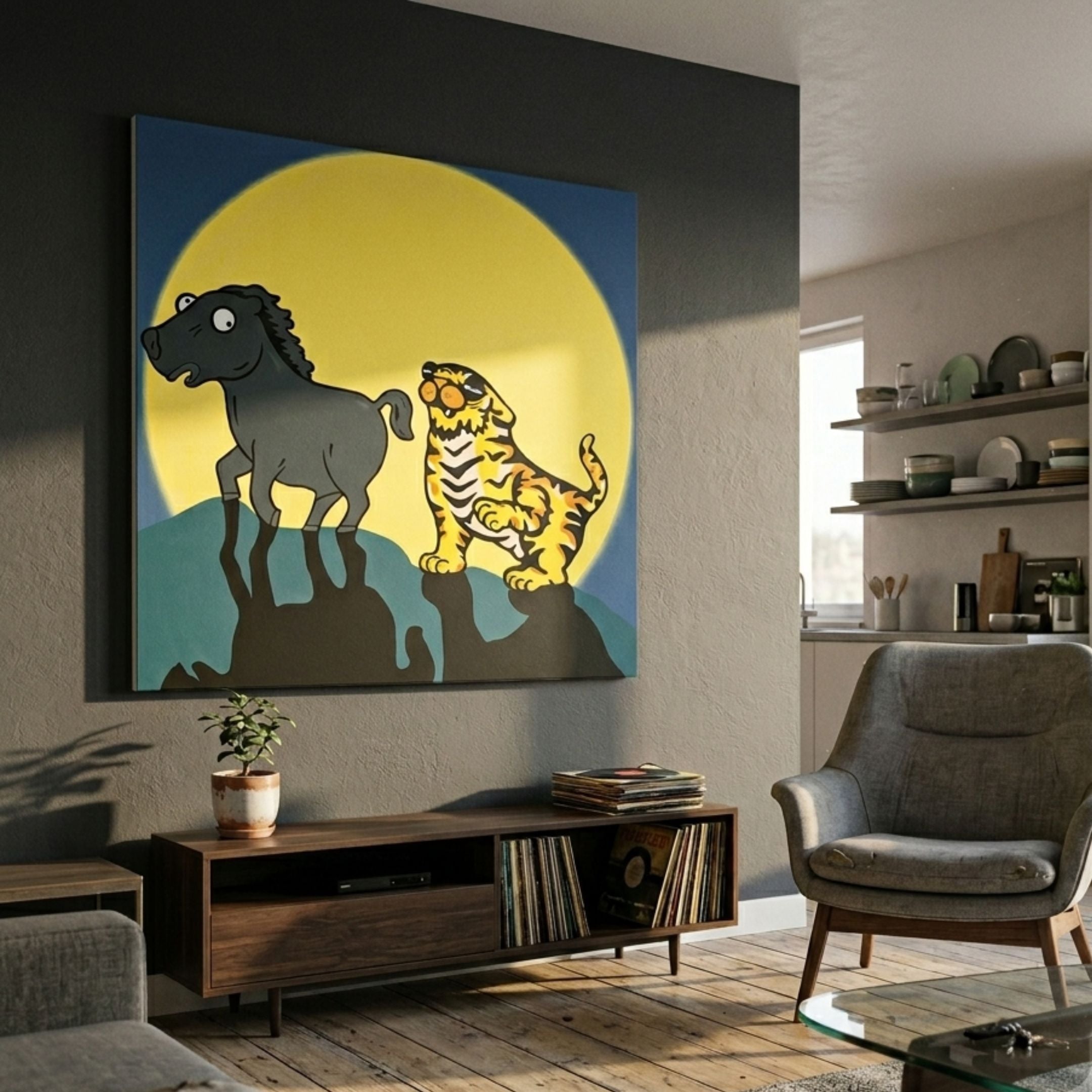 Moonlight Friends Pop Art Canvas Painting by Giant Sculptures, showing a black horse and yellow tiger on a hill against a large yellow moon, hung above a mid-century console in a living room.