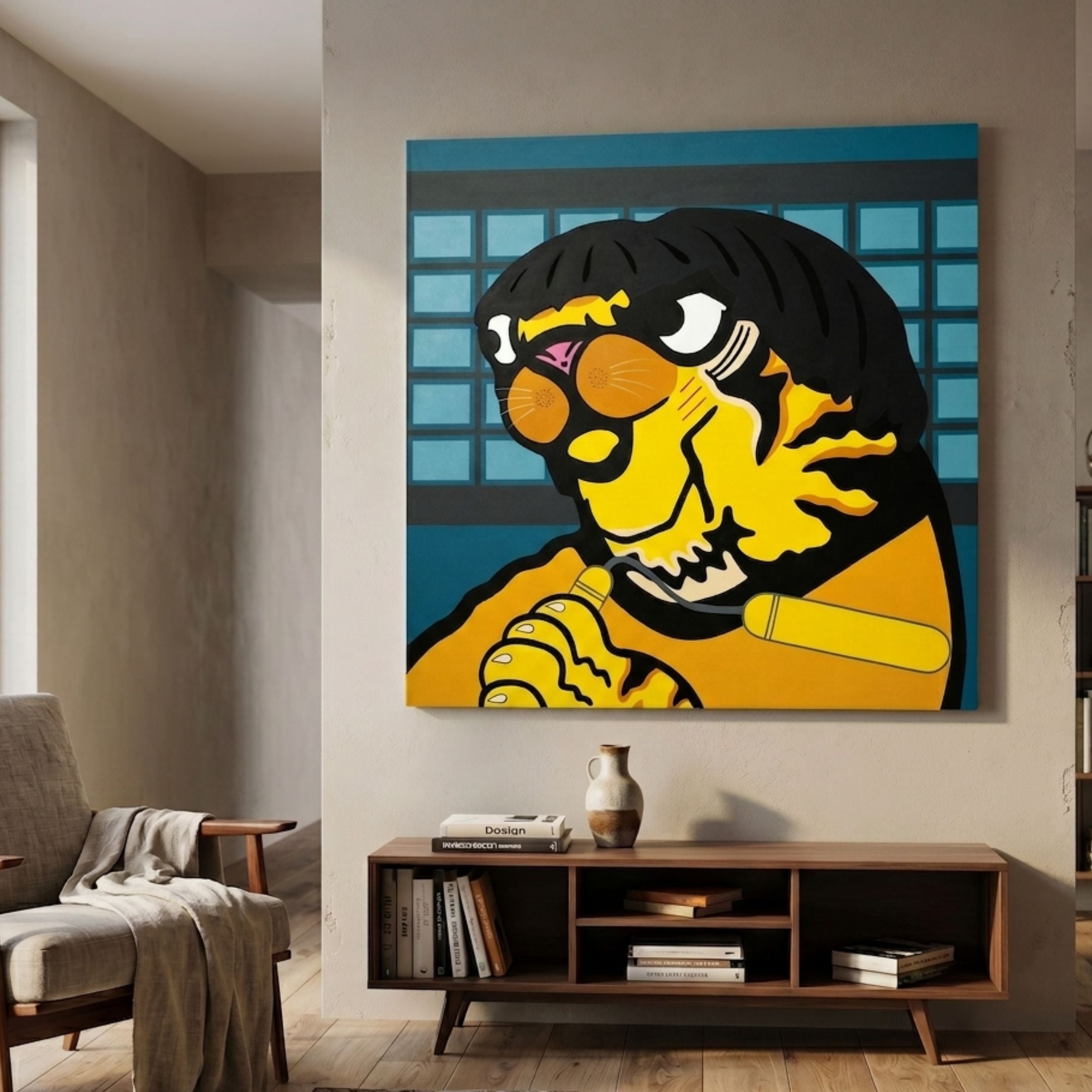 Bruce Lee Tiger Pop Art Canvas Painting by Giant Sculptures, featuring a yellow tiger character with a microphone, displayed above a wooden console in a living room.