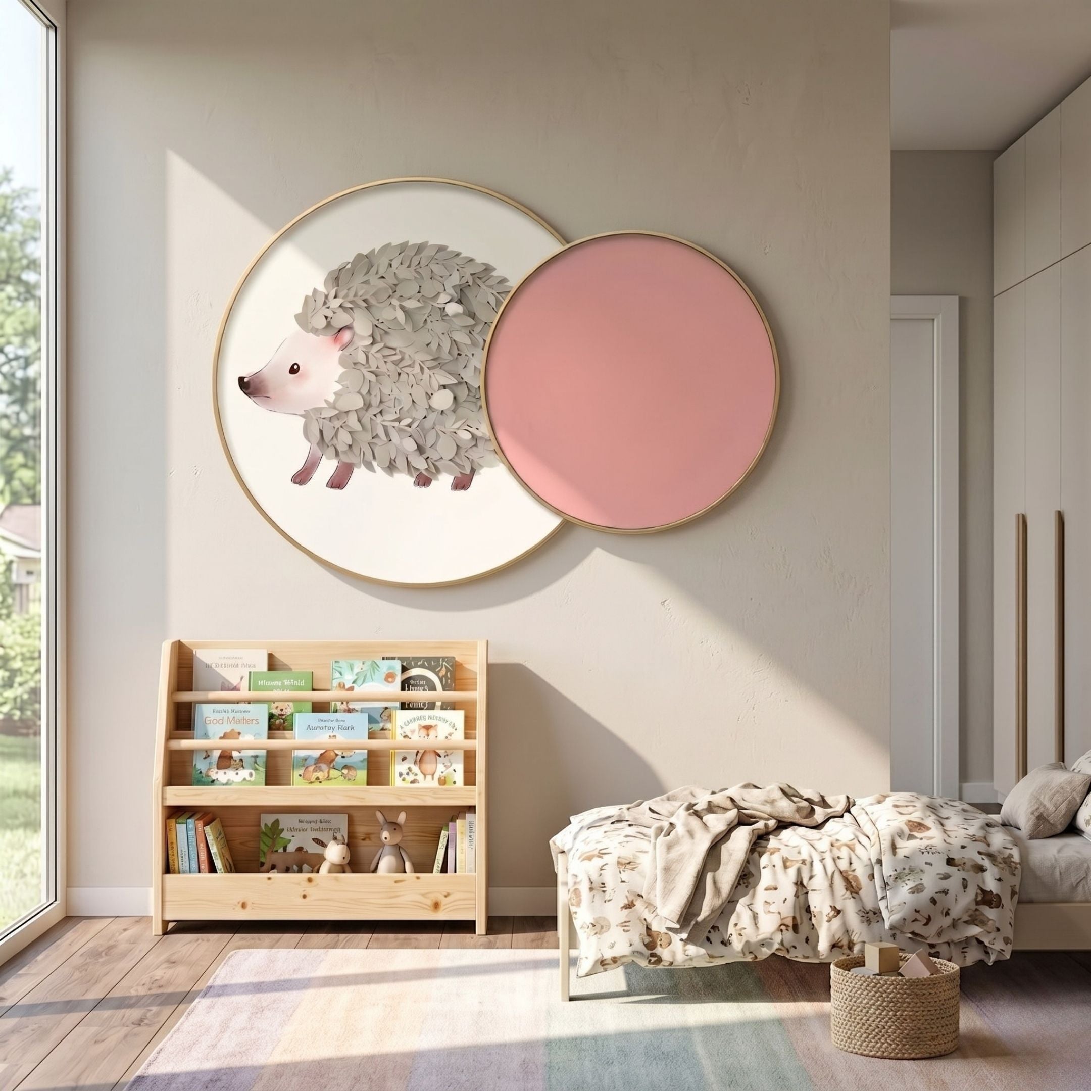 Blossomkin Pink Petal Hedgehog Kids 3D Wall Art by Giant Sculptures, two gold-rimmed circular panels above a wooden bookshelf in a child's bedroom.