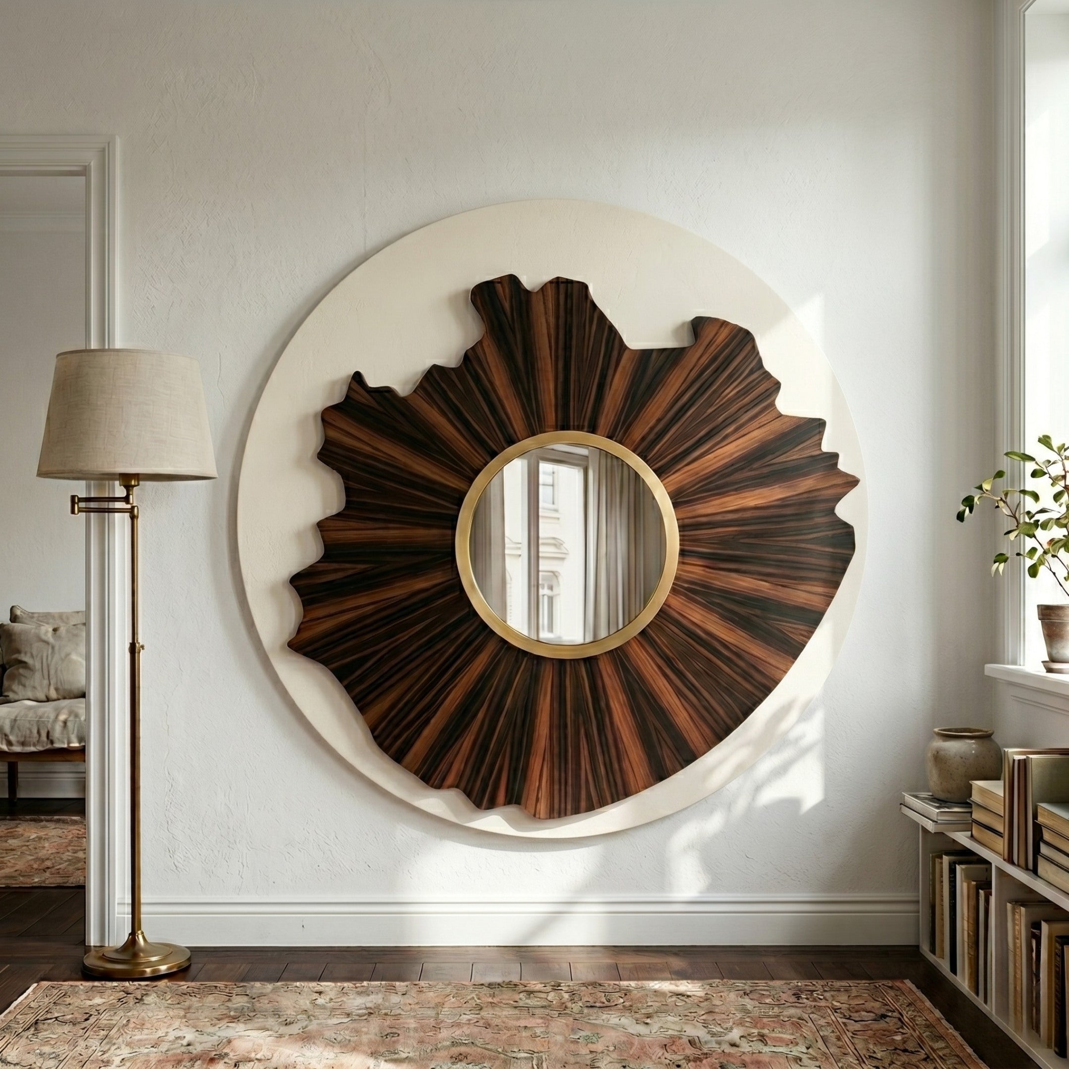 The Lunestre Bronze Ripple Organic Round Mirror 3D Wall Art by Giant Sculptures hangs on a white wall in a bright living room, near a brass floor lamp, bookshelves, and a plant. A doorway leads to a cozy sofa in the next room.