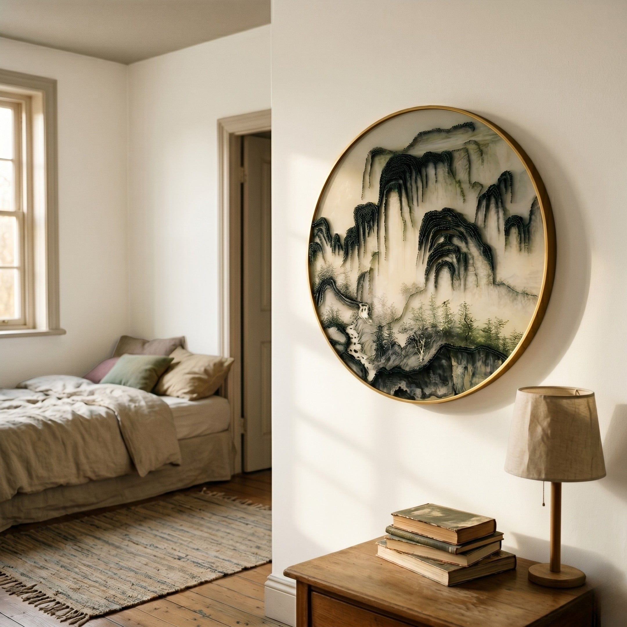 A cozy bedroom with a neatly made bed, pillows, woven rug, and sunlight streaming in features the Montrevian Misty Mountain Cascade Nail Round 3D Wall Art by Giant Sculptures above a nightstand with a lamp and books.