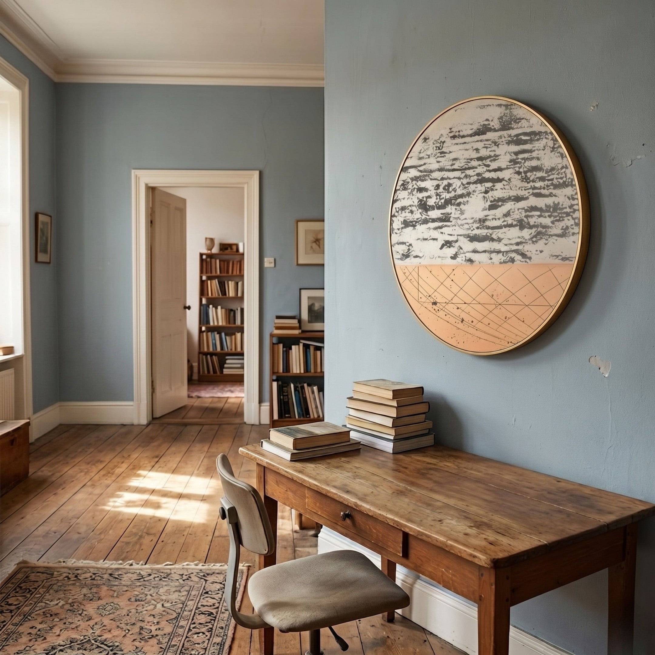 A cozy study with a wooden desk, two chairs, books, light blue walls, modern linework, sunlight on a wooden floor, and the Auralune Blush Meridian Abstract Round 3D Wall Art by Giant Sculptures as a striking focal point. Bookshelves are visible in the next room.