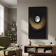 Celeste Lunar Glow LED Wall Art featuring a luminous full moon and sweeping gold light trails on black, displayed above a wooden console in a living room.