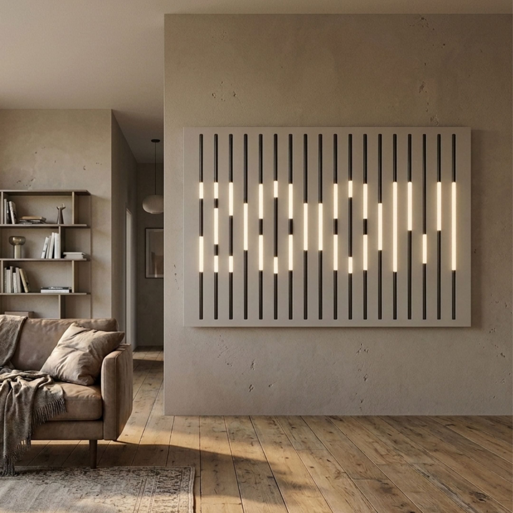 Verlux Contemporary Radiance 3D LED Wall Art by Giant Sculptures, vertical black slats with staggered warm LED strips, mounted in a modern living room with leather sofa.