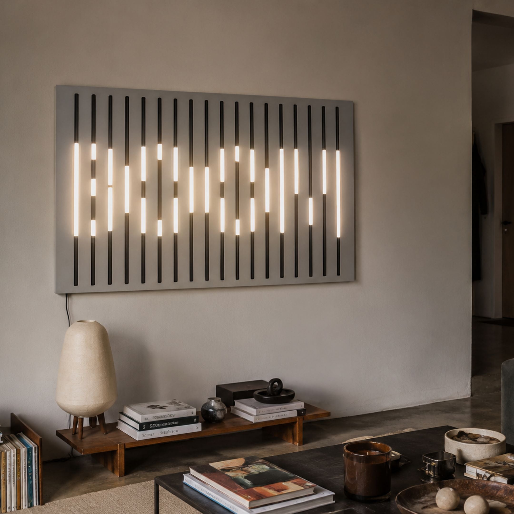 Verlux Linear Harmony 3D LED Wall Art by Giant Sculptures mounted above a low wooden bench with books and a ceramic lamp in a modern living room.