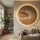 Earthlight Golden Horizon 3D Textured Oil Painting LED Wall Art with glowing wireframe tunnel, mounted above a linen sofa beside a bookshelf and fiddle-leaf fig.