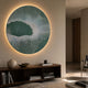 Earthlight Ocean Breeze 3D Textured Oil Painting LED Wall Art by Giant Sculptures, circular green piece with white mesh, backlit above a wooden console.