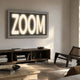 Aurova III Contemporary Glow 3D LED Wall Art by Giant Sculptures, glowing "ZOOM" lettering behind horizontal slats on grey, above a dark wood console.