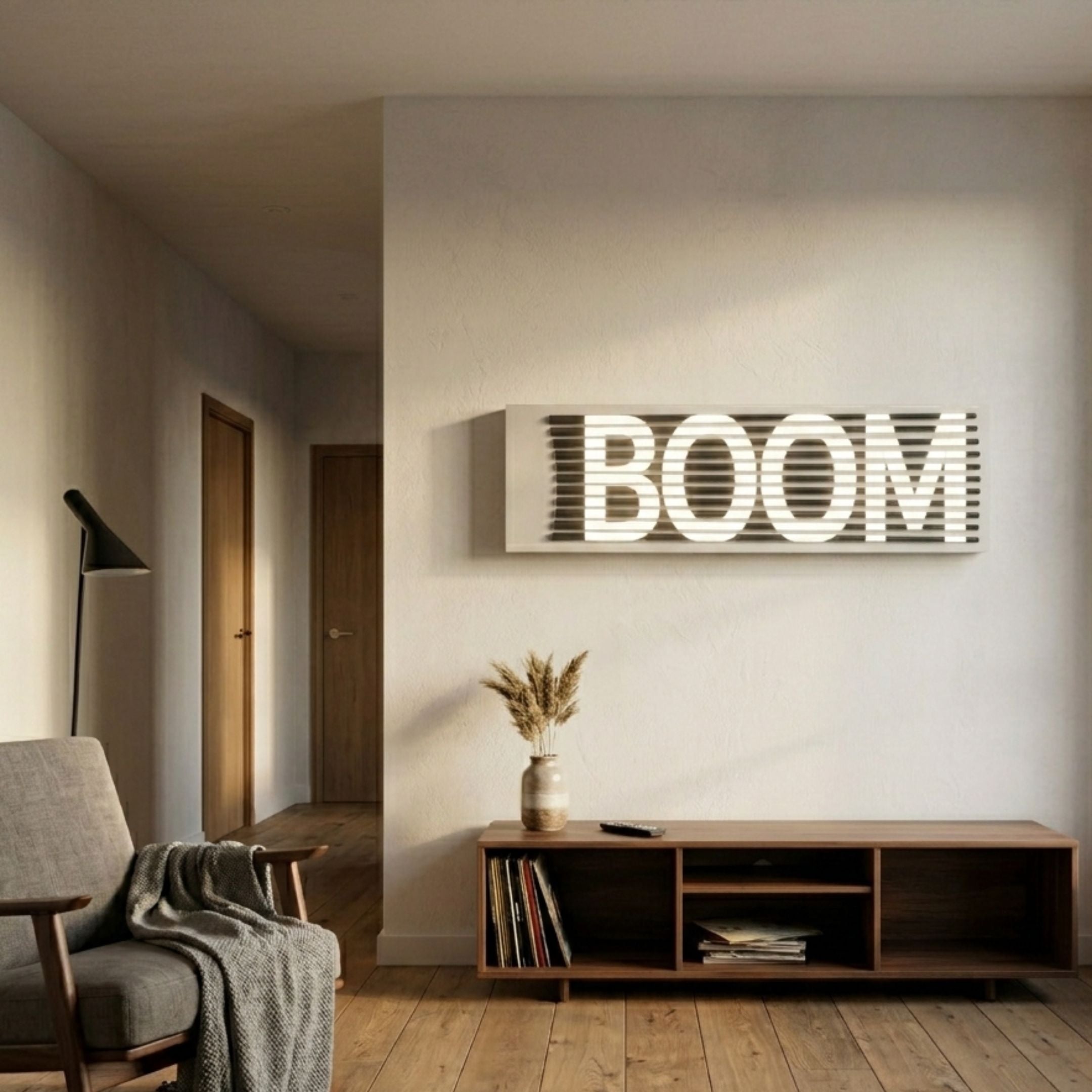 Aurova I Industrial Glow 3D LED Wall Art by Giant Sculptures, illuminated BOOM lettering on grey slatted panel above a walnut console in a modern living room.