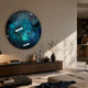 Vitreon 3D Blue Crystal Porcelain Wall Art by Giant Sculptures, a large circular disc with teal and aqua crystalline glaze, mounted above a dark wood sideboard.