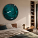 Vitreon 3D Emerald Crystal Porcelain Wall Art mounted above a wooden bed in a warm minimalist bedroom with a bookshelf, mushroom lamp, and linen bedding.