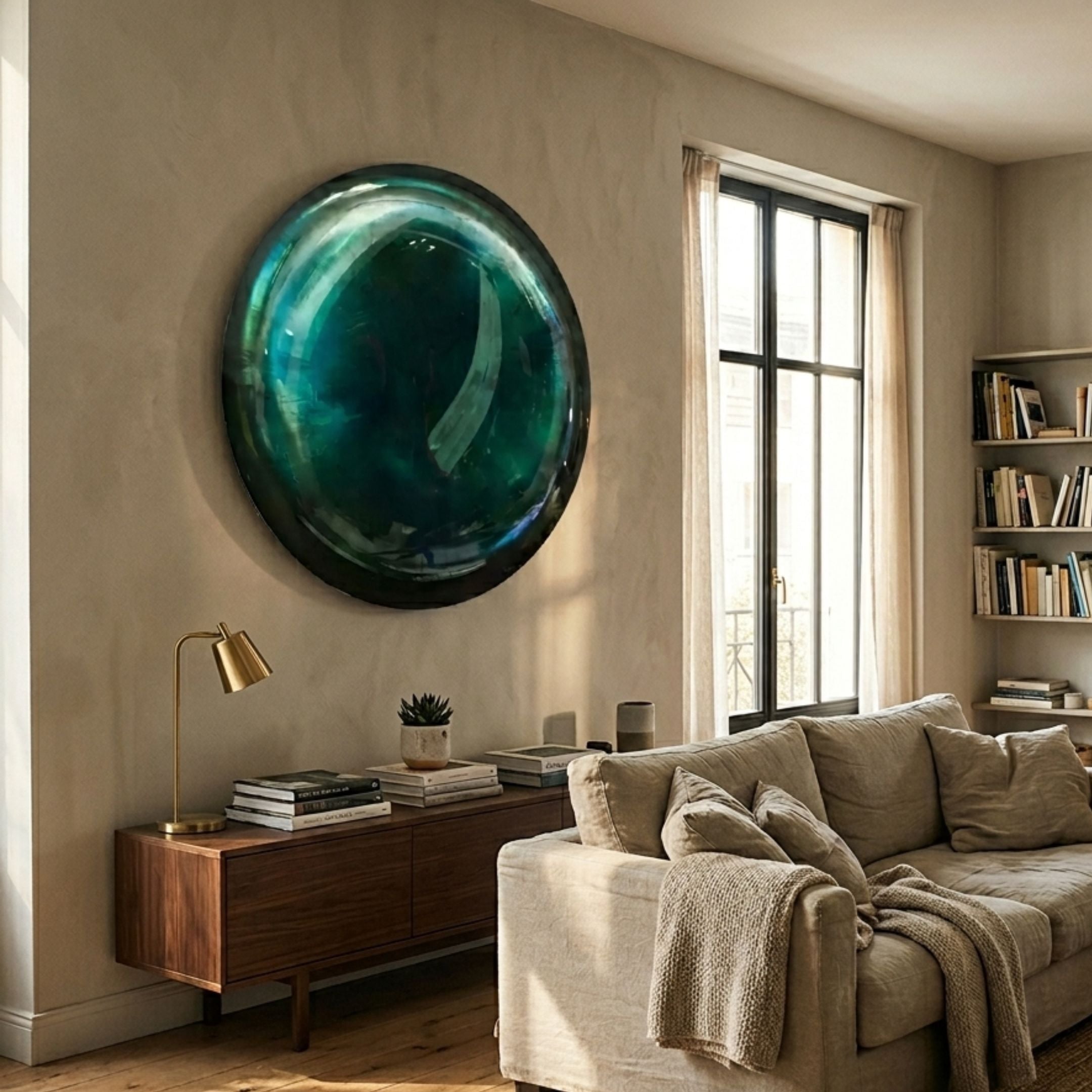 Vitreon 3D Aquamarine Crystal Porcelain Wall Art in glossy emerald and green tones mounted above a walnut sideboard in a sunlit living room with linen sofa.
