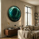 Vitreon 3D Aquamarine Crystal Porcelain Wall Art in glossy emerald and green tones mounted above a walnut sideboard in a sunlit living room with linen sofa.