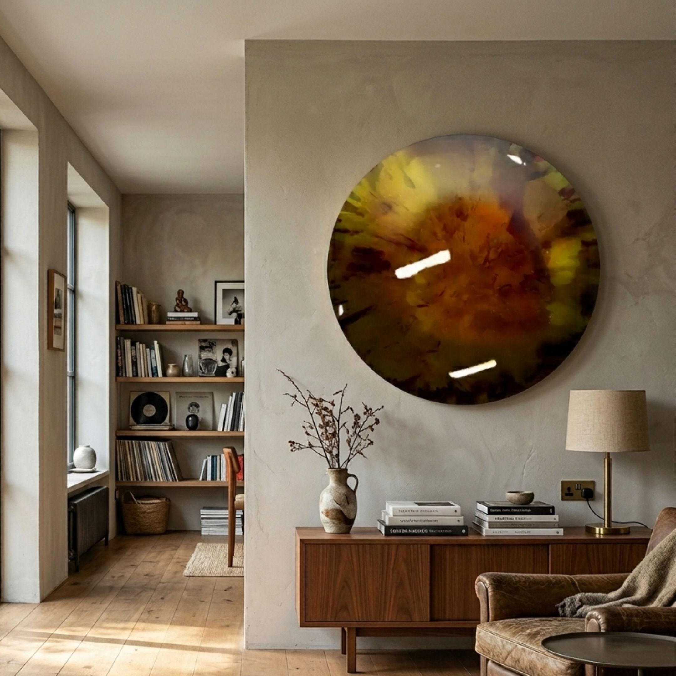Vitreon 3D Amber Crystal Porcelain Wall Art by Giant Sculptures, a round glossy disc with yellow, amber and burnt-orange swirls, mounted above a walnut sideboard.
