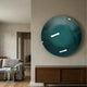 Vitreon 3D Teal Crystal Porcelain Wall Art mounted above a walnut sideboard in a modern living room with a grey sofa and warm beige walls.