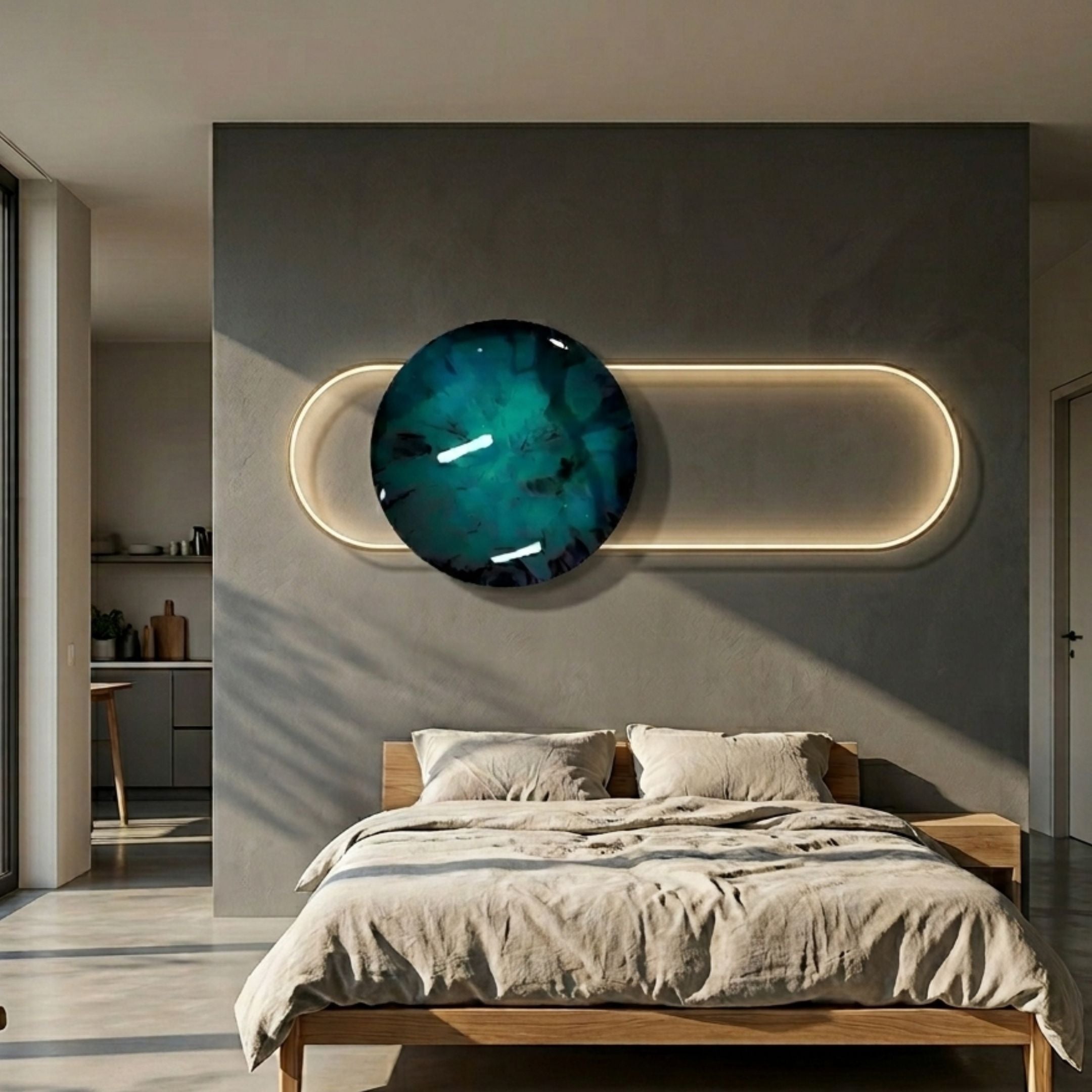 Vitreon 3D Deep Teal Crystal Porcelain Wall Art by Giant Sculptures mounted above a wooden bed, with a marbled teal disc set in an illuminated gold oval frame.