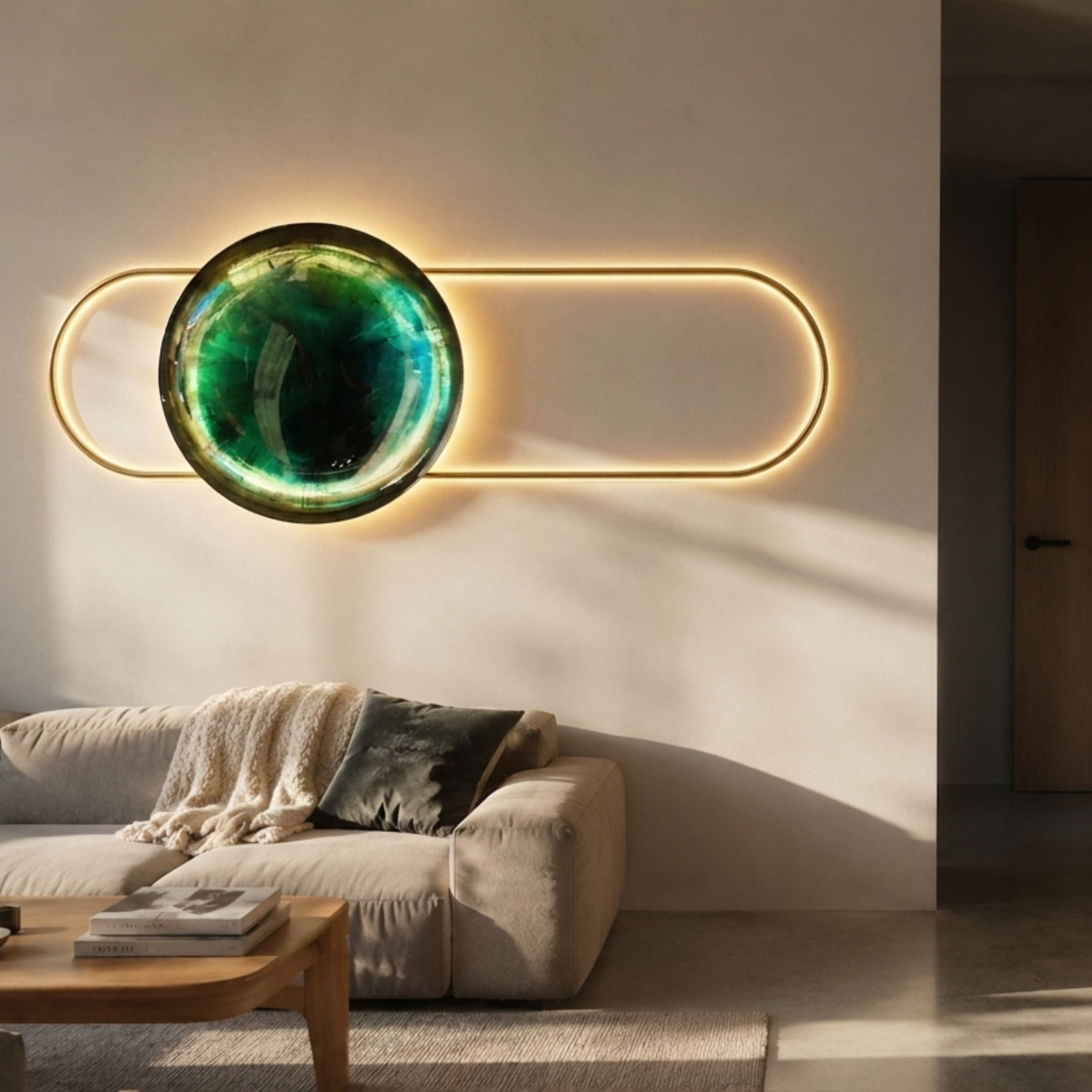 Vitreon 3D Emerald Crystal Porcelain with Gold Frame Wall Art by Giant Sculptures, illuminated above a cream sofa with throw and dark cushion in a living room.