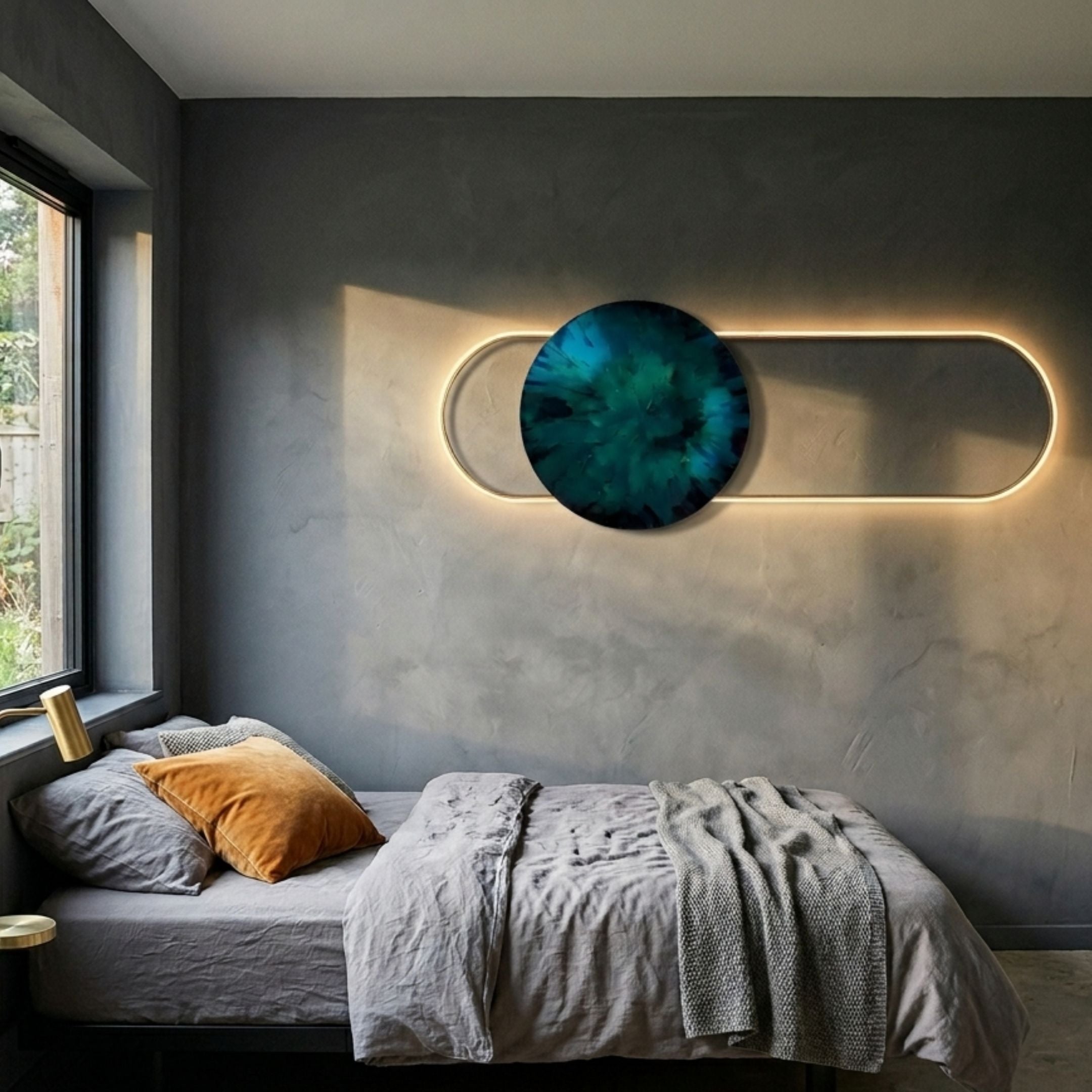 Vitreon Deep Green Flat Crystal Porcelain With Gold Accent Wall Art mounted above a grey linen bed with an amber pillow in a dark-walled bedroom.