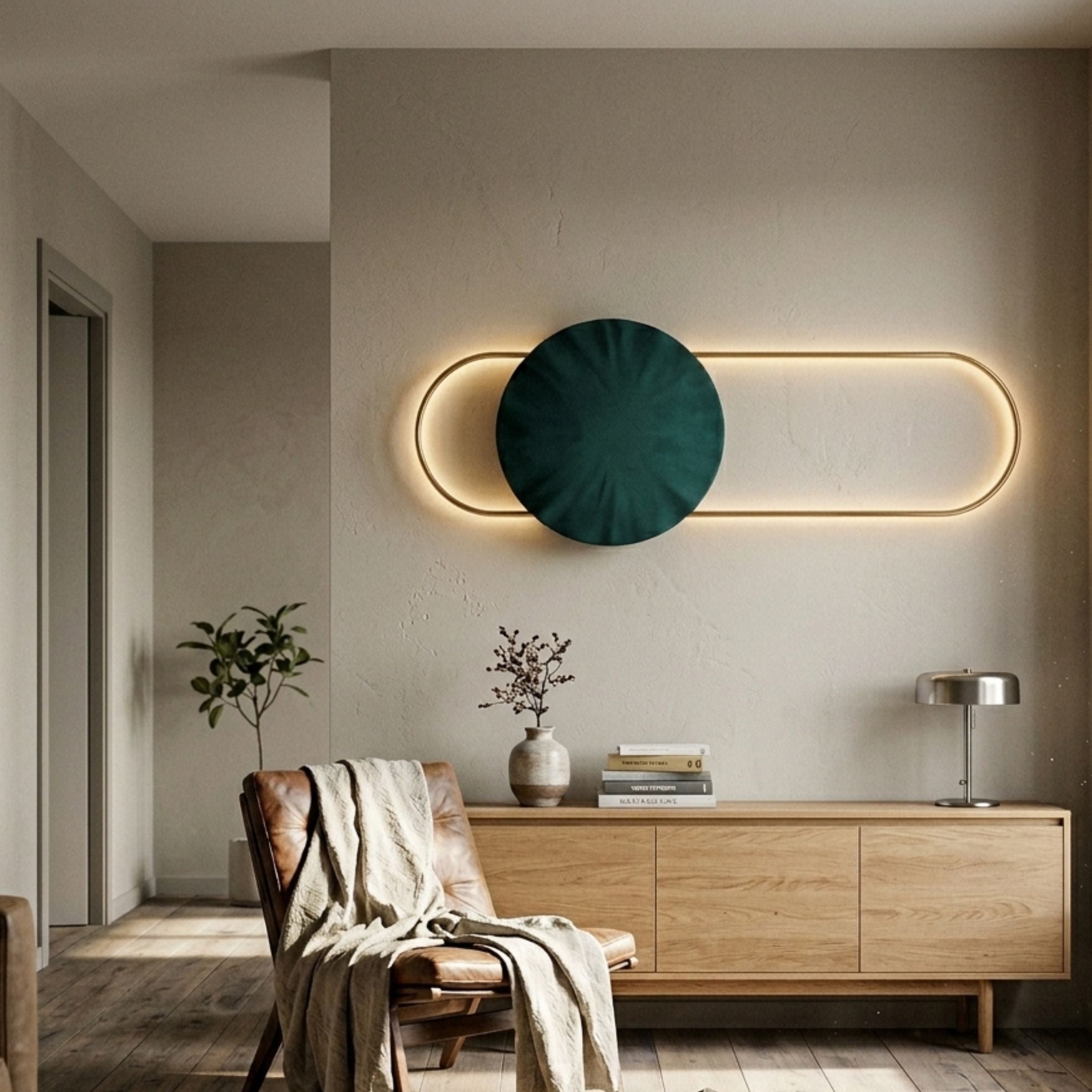 Vitreon Teal Flat Crystal Porcelain With Gold Frame Wall Art mounted above a wooden sideboard in a minimalist living room with a leather chair and plant.