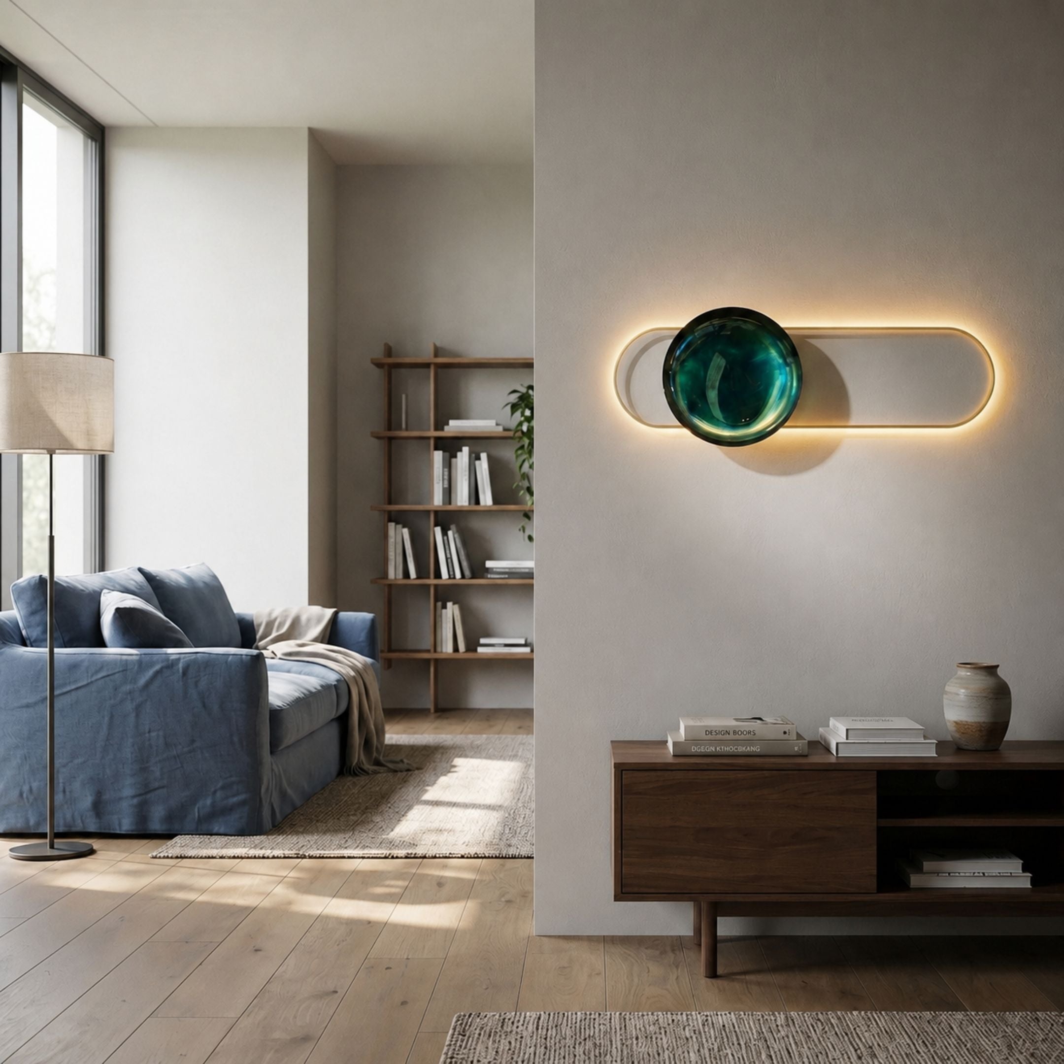 Vitreon Emerald Flat Crystal Porcelain With Gold Frame Wall Art mounted above a walnut sideboard in a modern living room, beside a blue sofa and bookshelf.