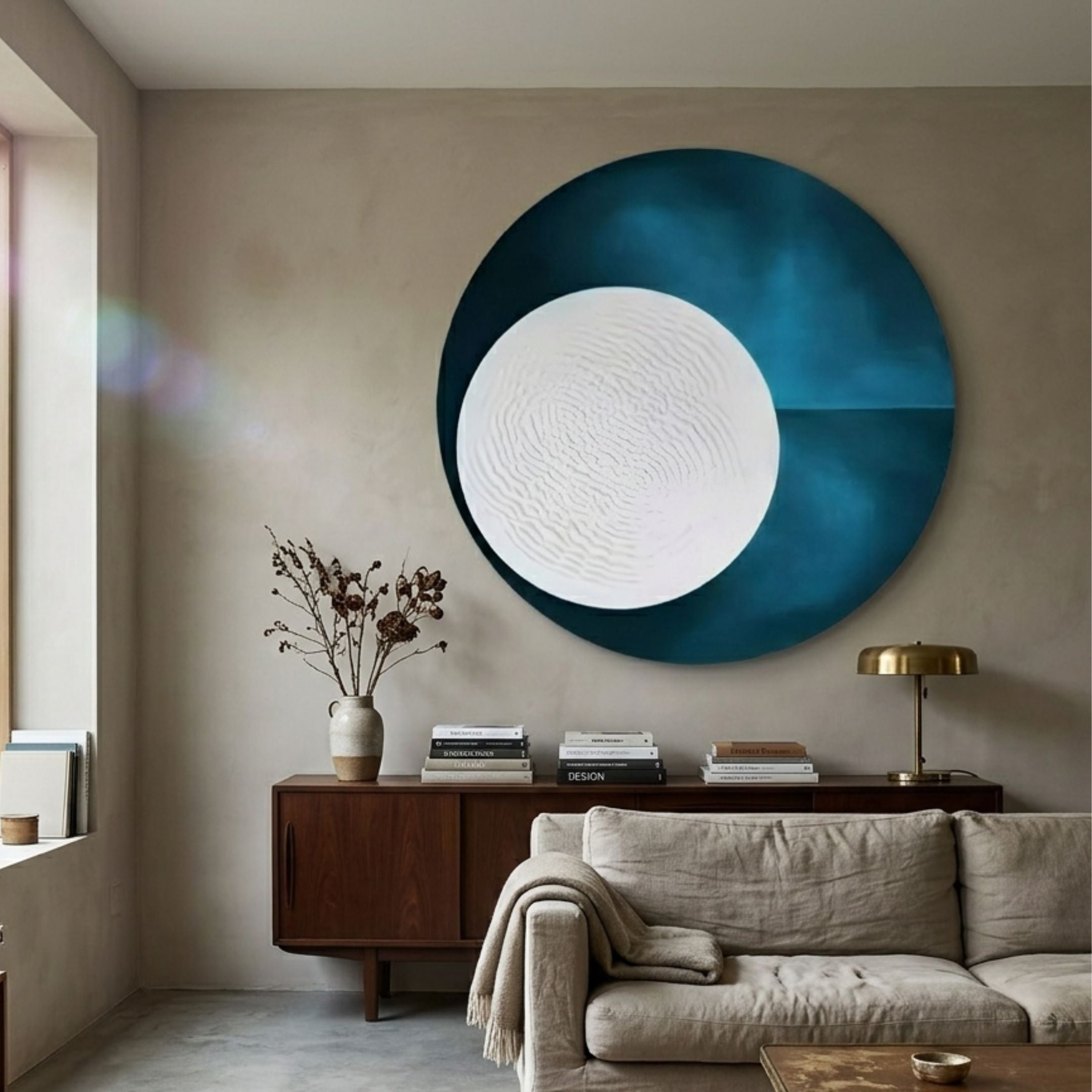 Flaria Ocean 3D LED Wall Art Geometric Sandstone by Giant Sculptures, a teal disc with a ridged white sandstone centre, displayed above a walnut sideboard in a living room.