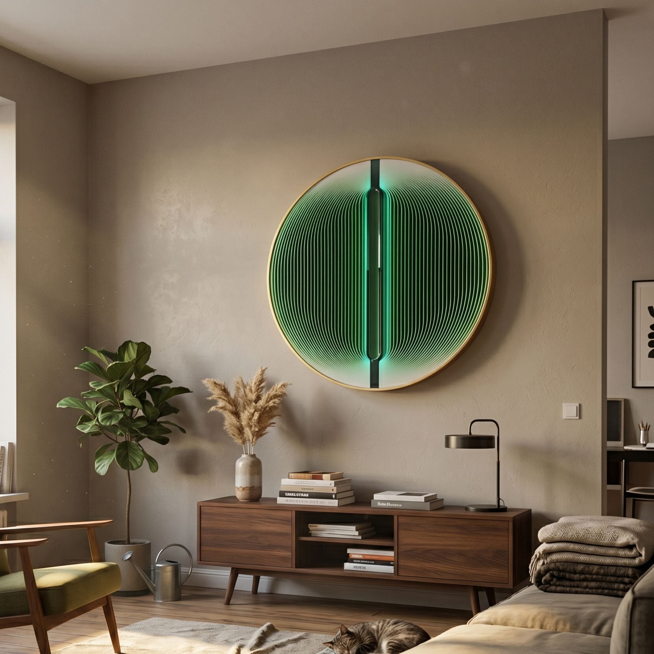 Round Onyx Emerald Veil Acrylic 3D LED Wall Art by Giant Sculptures glowing green above a walnut sideboard with plant, pampas, and lamp in a modern living room.