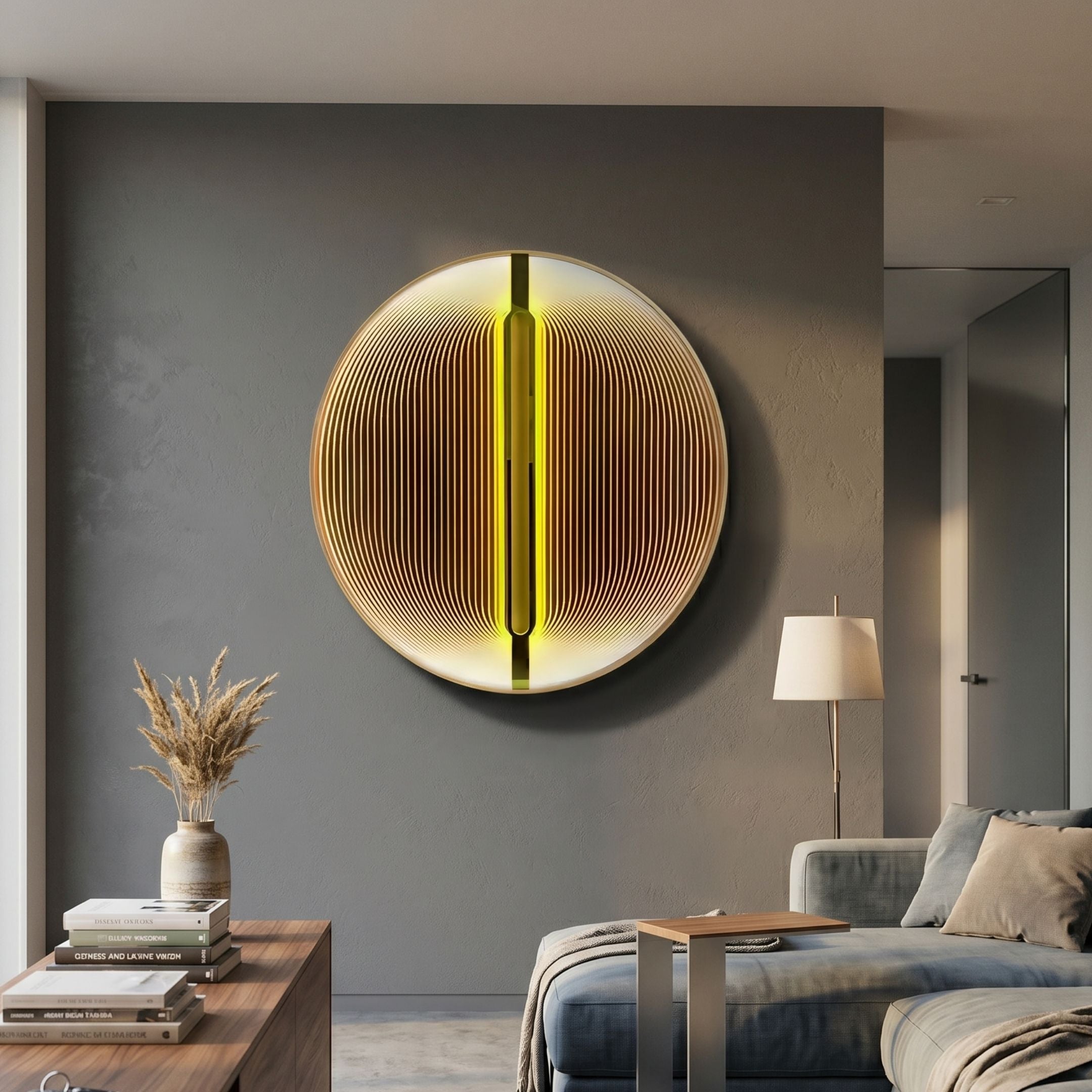 Onyx Golden Aura Acrylic 3D LED Wall Art by Giant Sculptures, a round concentric line piece glowing golden-yellow, mounted above a console in a modern living room.