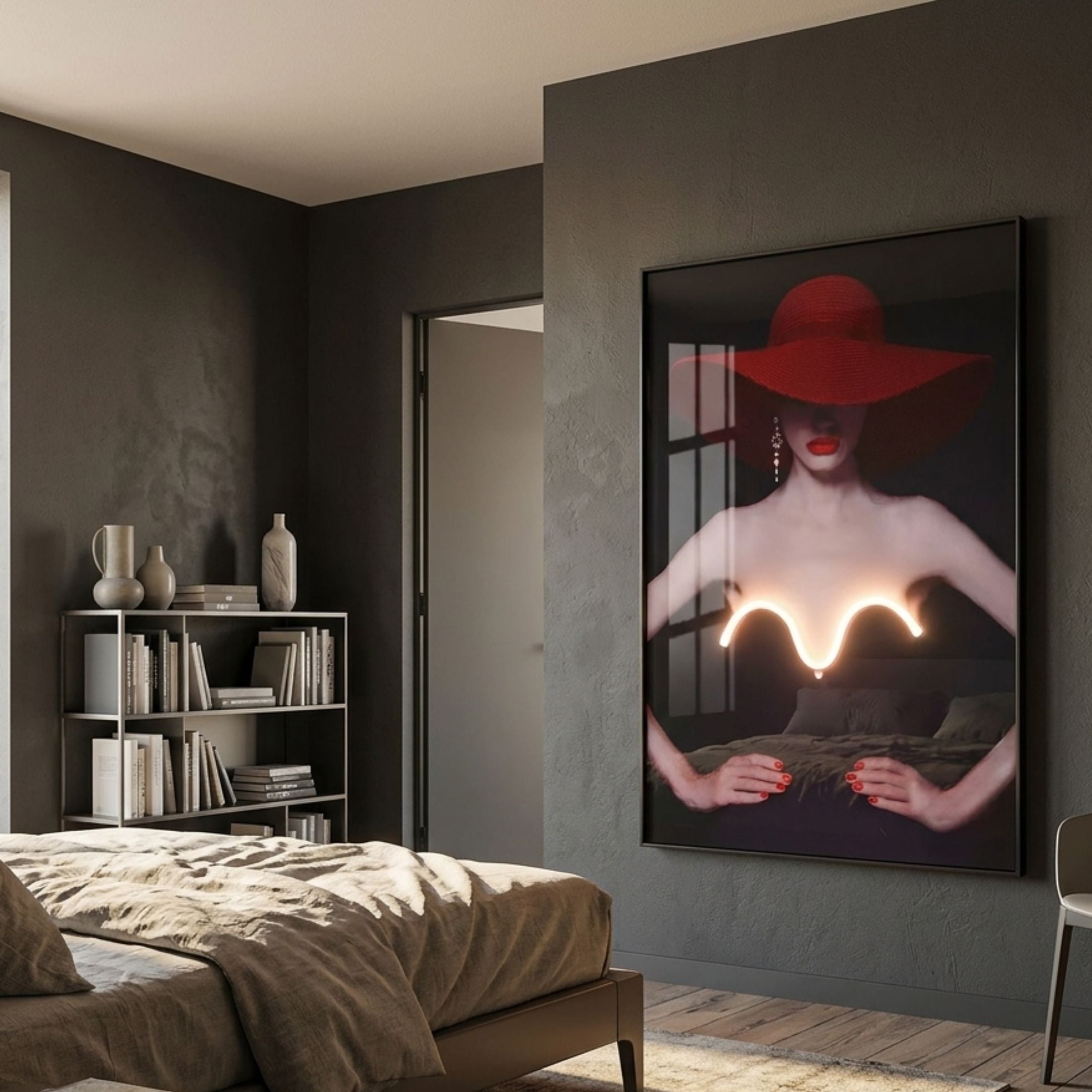 Elysian Striking Glow 3D LED Wall Art by Giant Sculptures featuring a woman in a red hat with illuminated curve, displayed in a dark bedroom beside shelving.