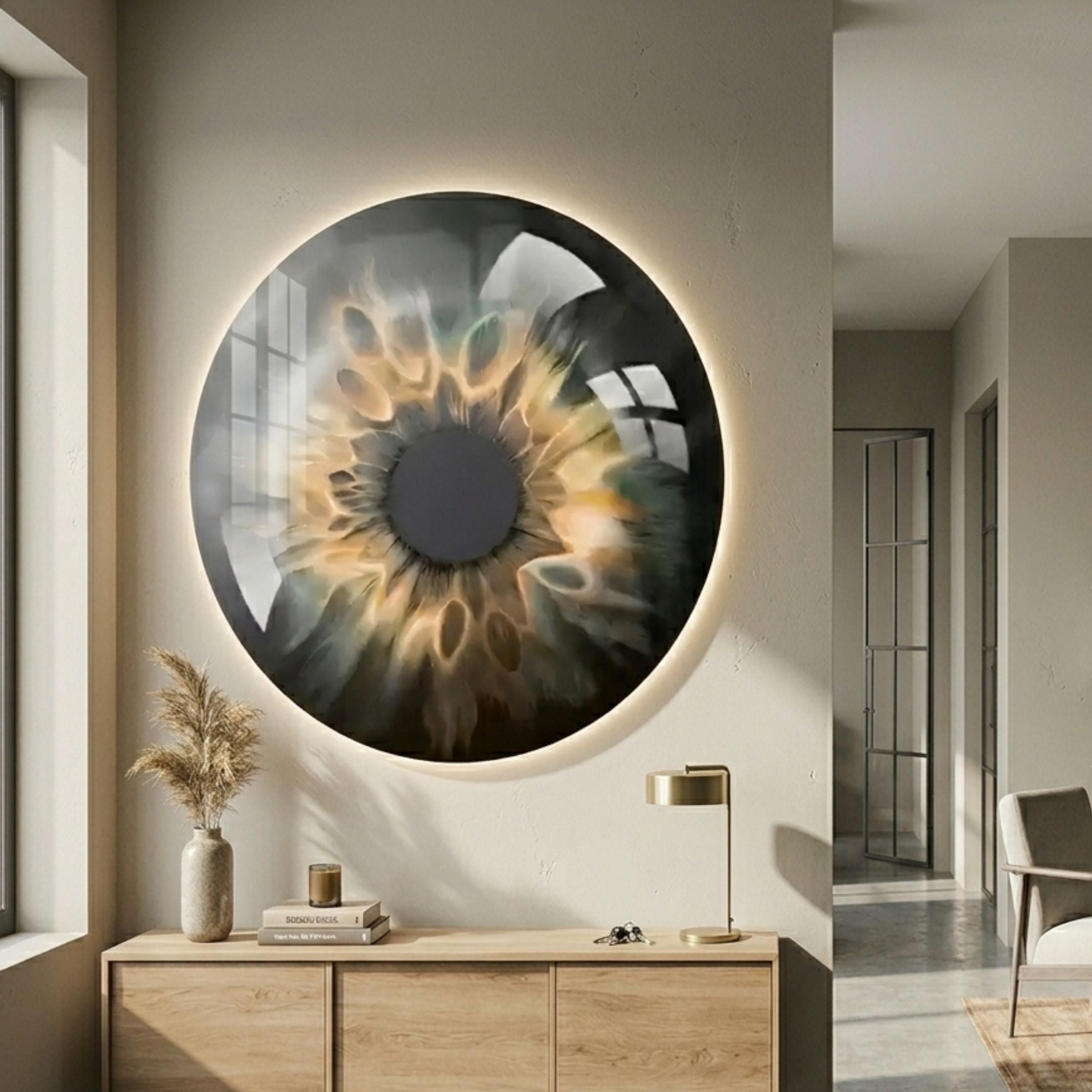 Genesis Golden Halo 3D Resin Crystal Porcelain LED Wall Art by Giant Sculptures mounted above a wooden console with pampas grass in a modern hallway.