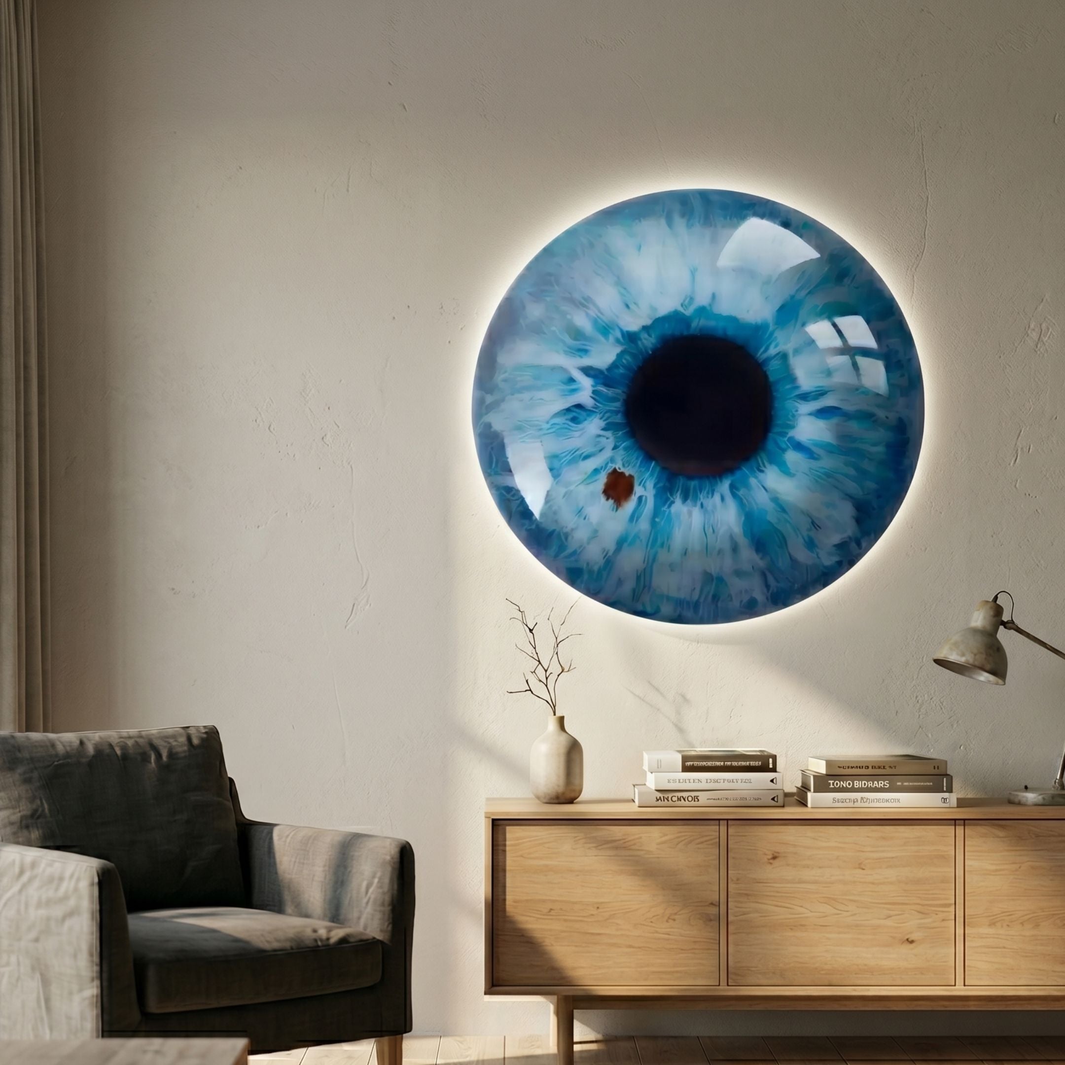 Genesis Iris 3D Resin Crystal Porcelain LED Wall Art by Giant Sculptures, a blue iris disc backlit on a pale wall above a wood sideboard and grey armchair.