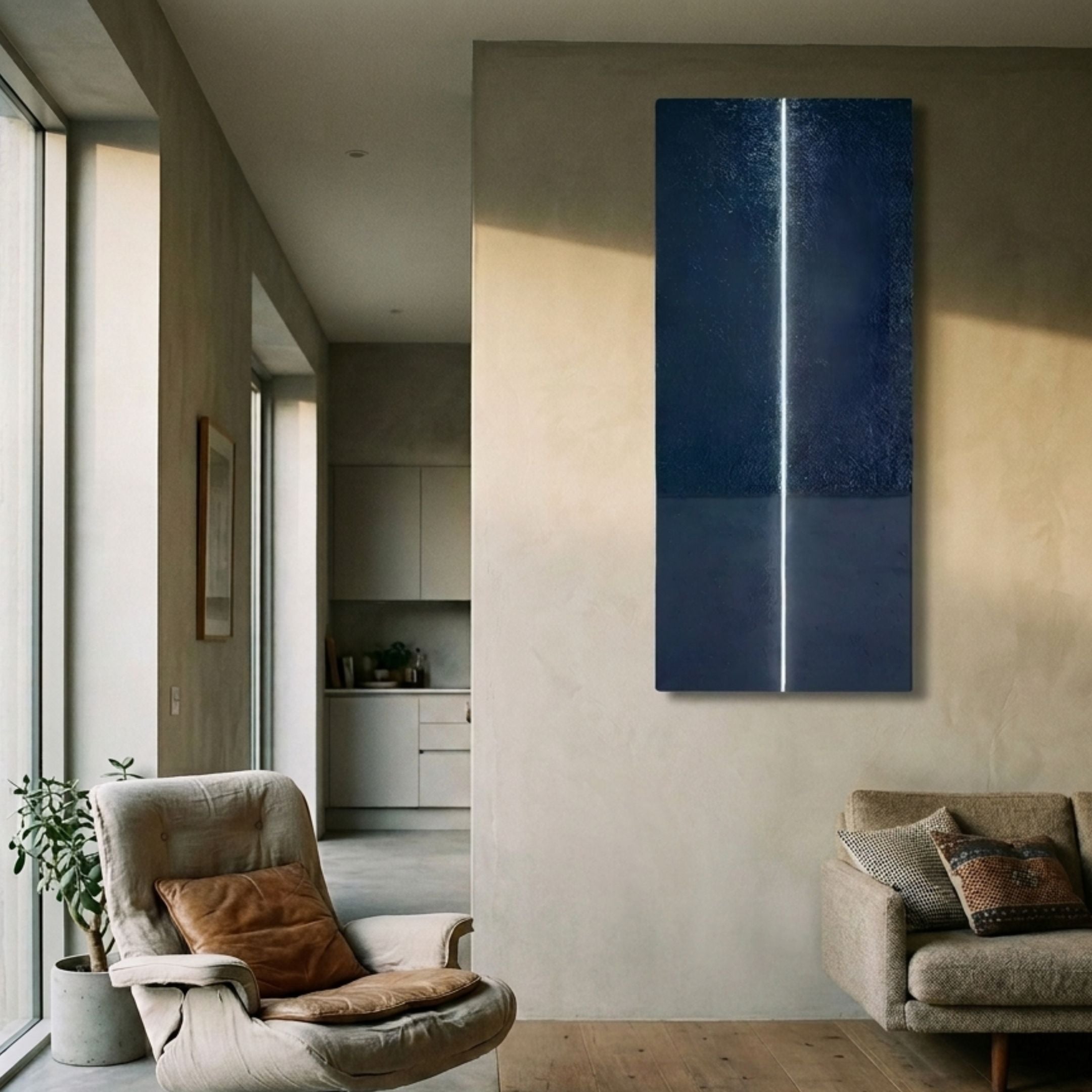Eternia Sapphire Textured Oil Painting LED Wall Art by Giant Sculptures displayed in a minimalist living room above a beige sofa, beside a linen armchair.