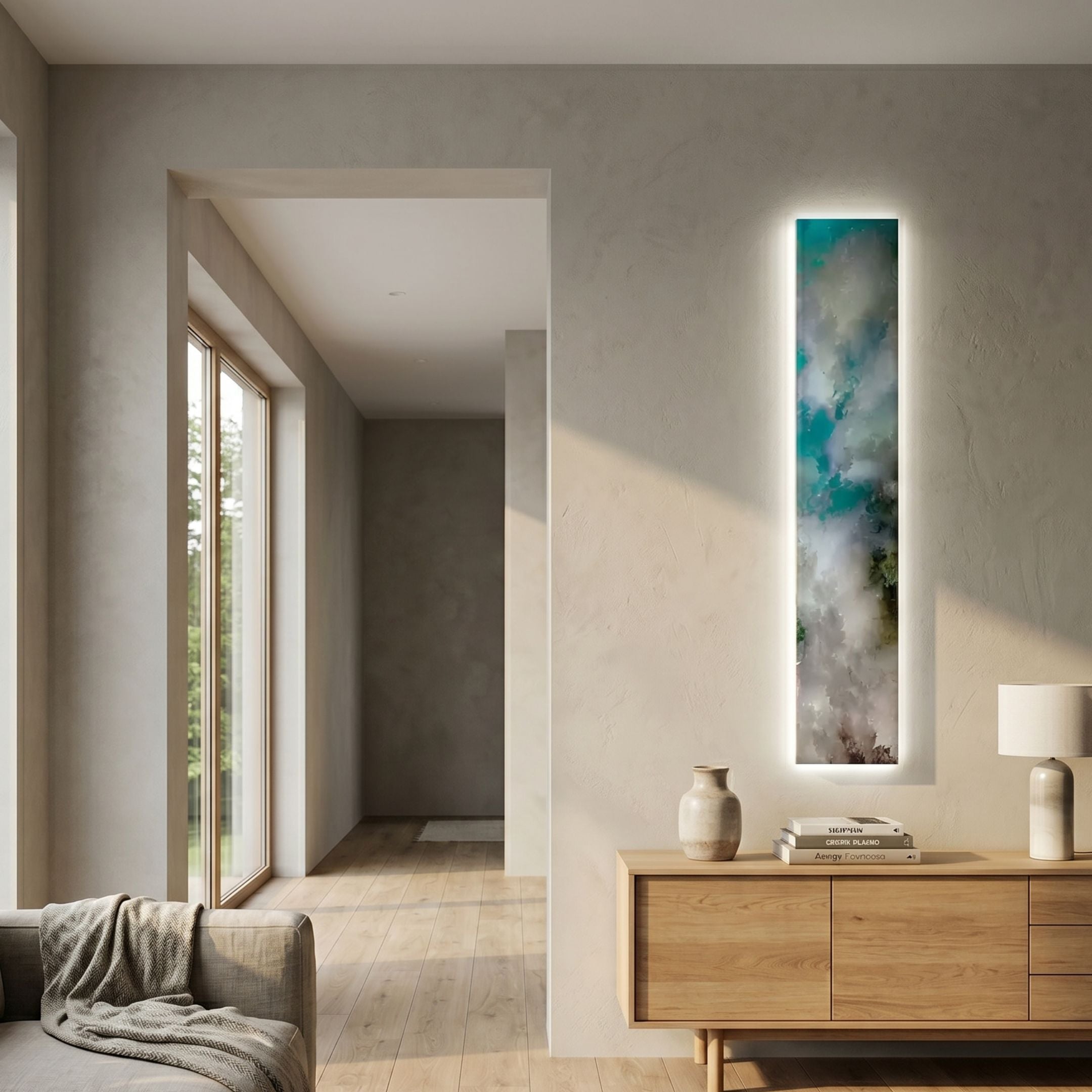 Chroma Sky Cloud Patterns LED Wall Art Canvas in teal, white and brown mounted on a neutral hallway wall above a wooden sideboard with lamp and vase.
