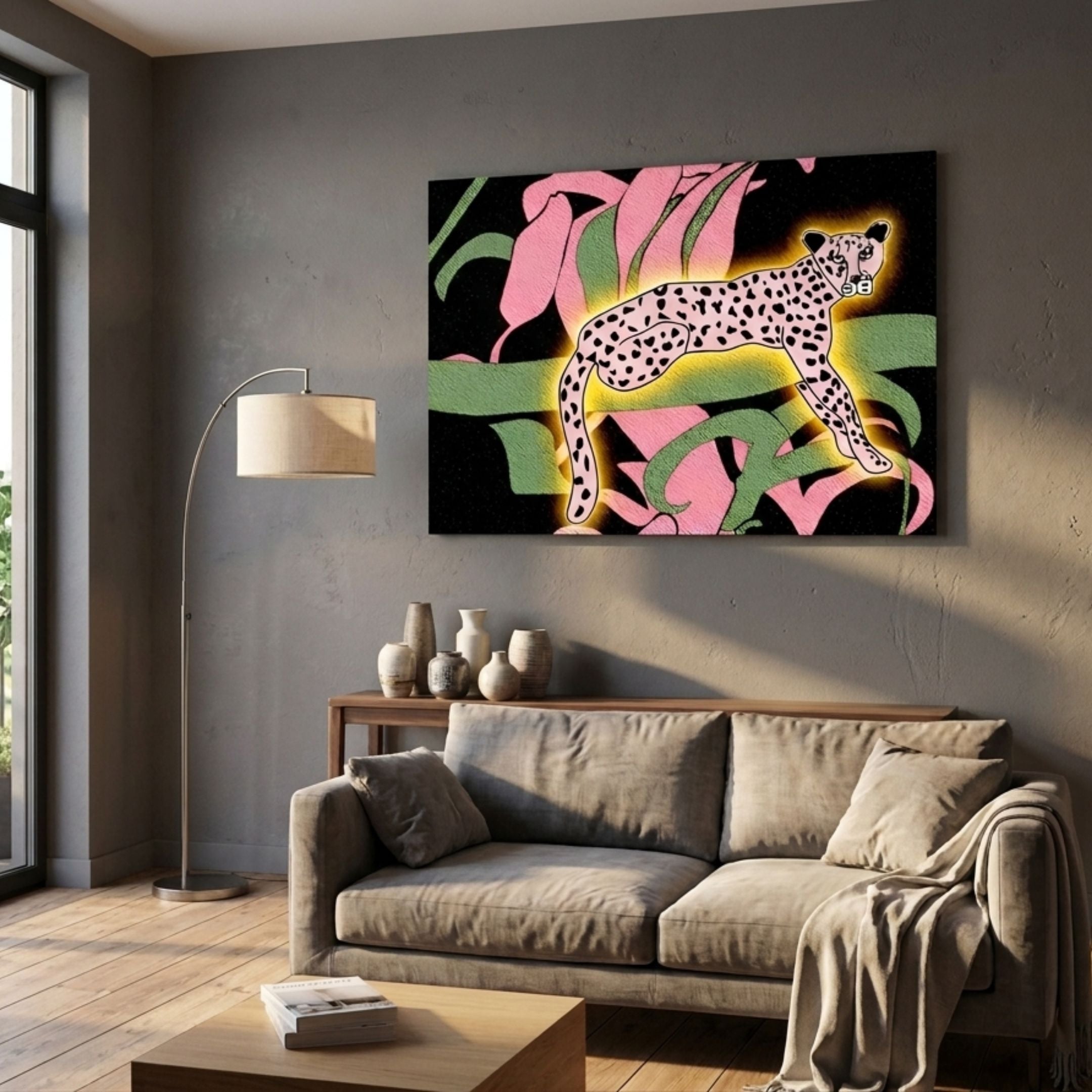 Juniper II Botanical Escape sandstone wood carving 3D LED wall art with pink spotted leopard and pink-green foliage above a sofa in a grey living room.