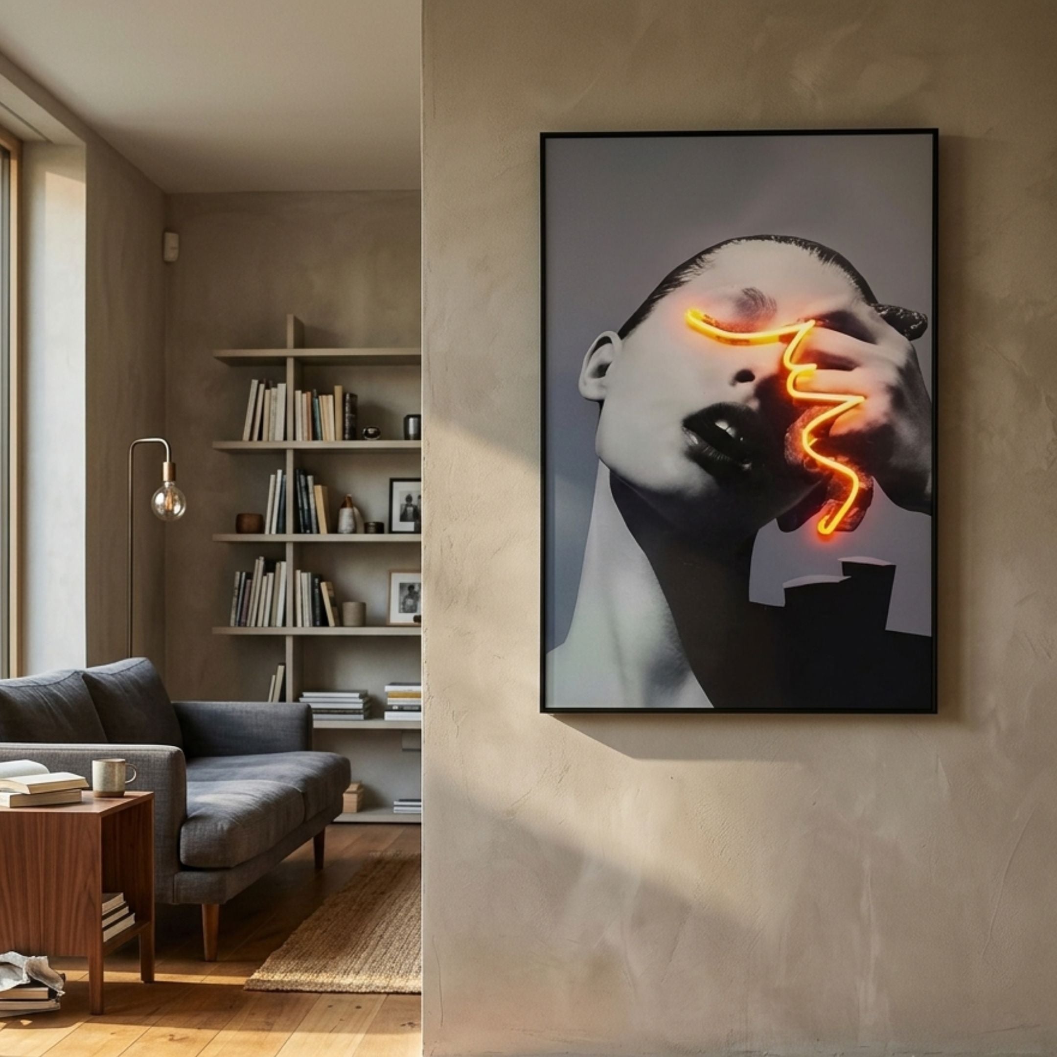 Elysian Vibrant Contour 3D LED Wall Art by Giant Sculptures displayed on a beige wall in a modern living room with grey sofa and bookshelf.