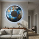 Genesis Earth Tones 3D Resin Crystal Porcelain LED Wall Art by Giant Sculptures, a circular iris-like piece with blue, gold, and white streaks, mounted above a wooden sideboard in a modern living room.