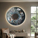 Genesis Ember Glow 3D Resin Crystal Porcelain LED Wall Art with a blue, white, and brown abstract iris and black core, backlit above a console in a modern living room.