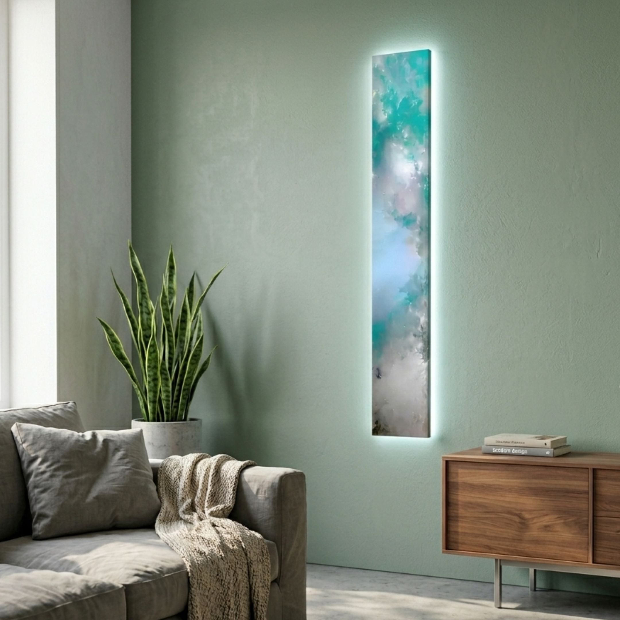 Tall Chroma Sky Turquoise Mist LED Wall Art Canvas glowing on a sage green wall above a wooden sideboard, beside a grey sofa and snake plant.