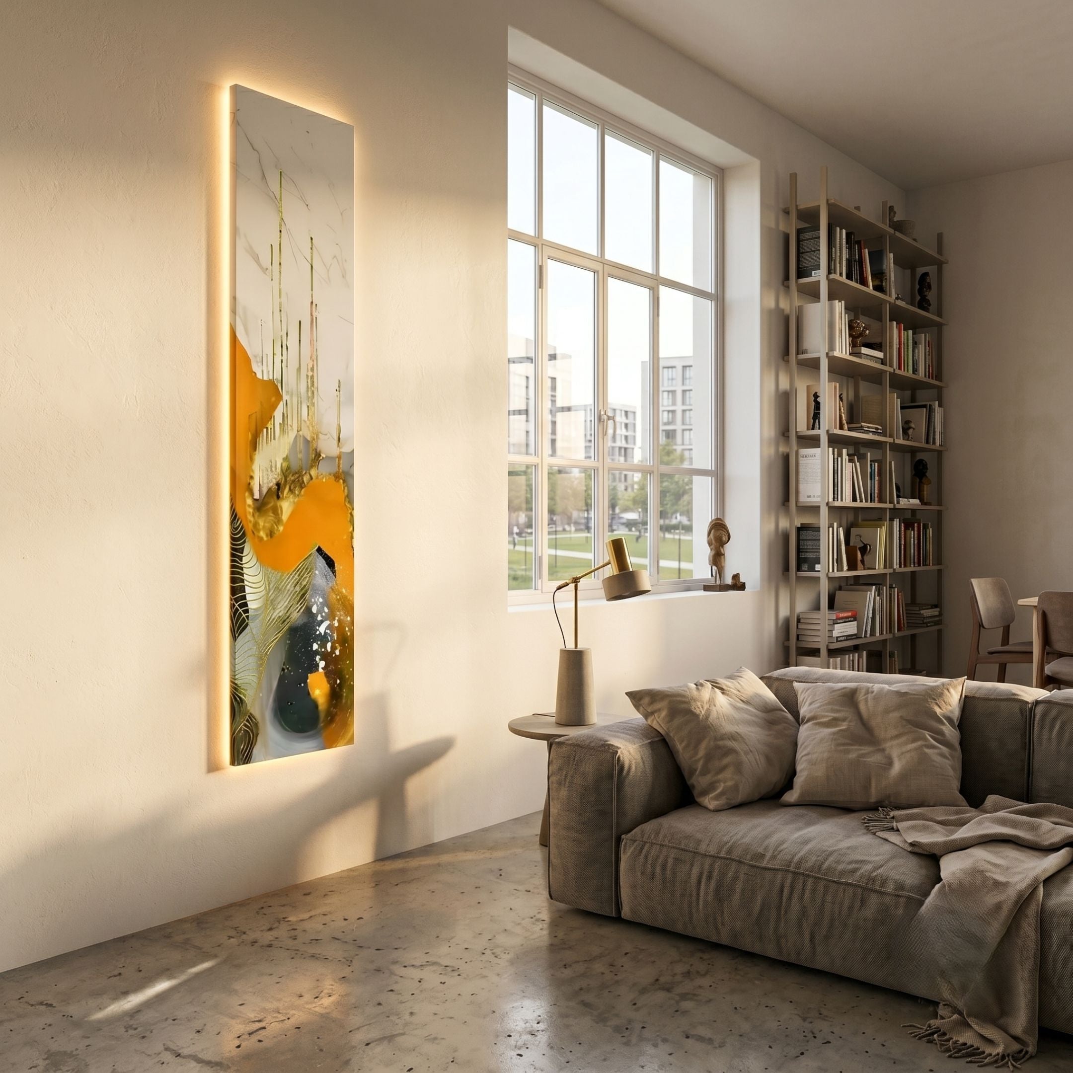Floren Amber Glow Canvas LED Wall Art by Giant Sculptures, a tall vertical abstract with amber, gold, white, and black brushwork, illuminated against a cream living room wall beside a large window, sofa, and bookshelf.