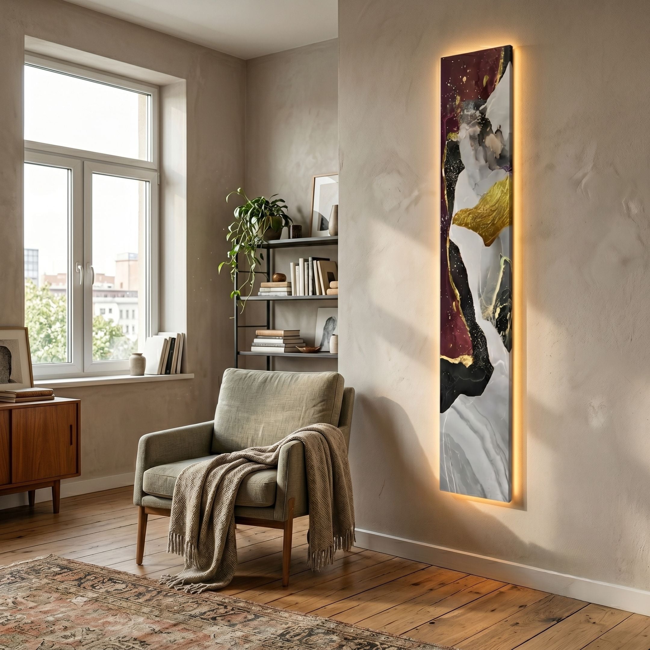 Floren Crimson Burst Canvas LED Wall Art with maroon, black, white, and gold abstract swirls glowing on a beige wall beside an armchair and bookshelf.
