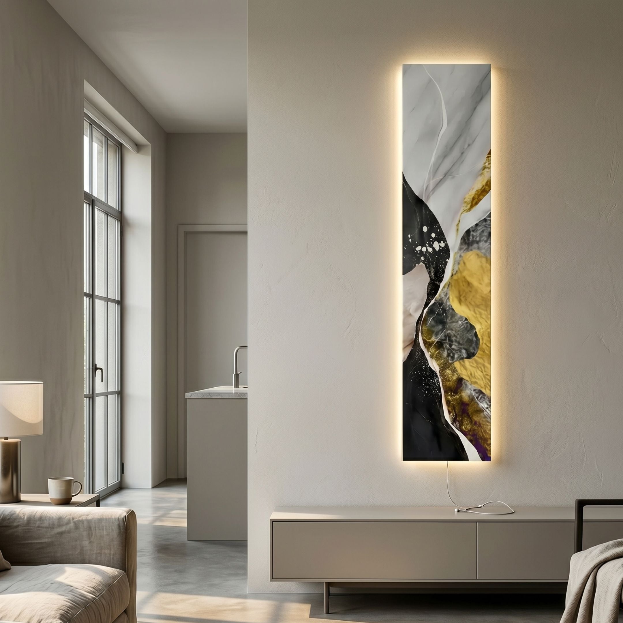 Floren Golden Veil Canvas LED Wall Art mounted vertically on a cream wall above a beige console, glowing warmly beside a modern living room with sofa and window.