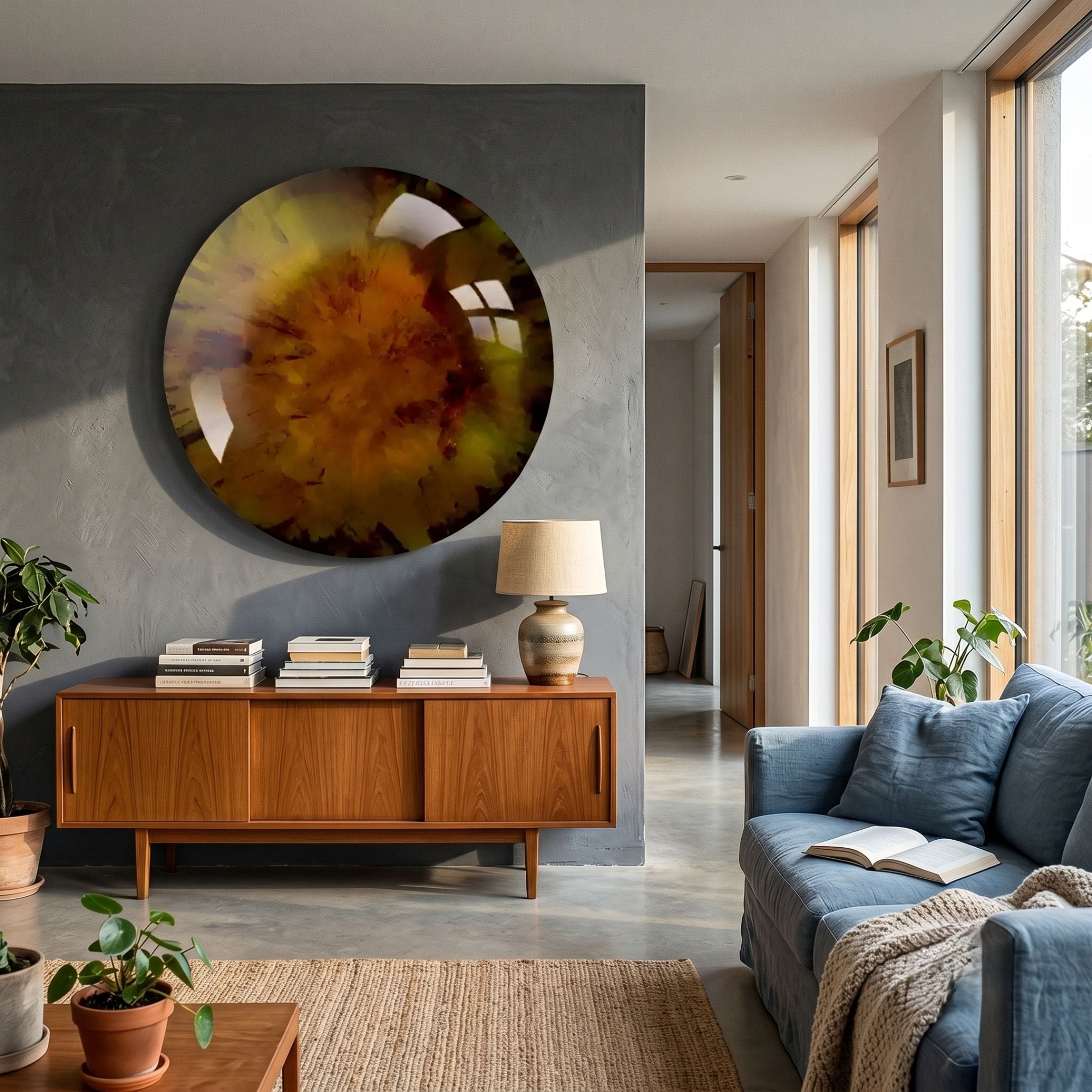 Genesis Sunburst 3D Resin Crystal Porcelain LED Wall Art by Giant Sculptures mounted on a charcoal feature wall above a teak sideboard in a modern living room.