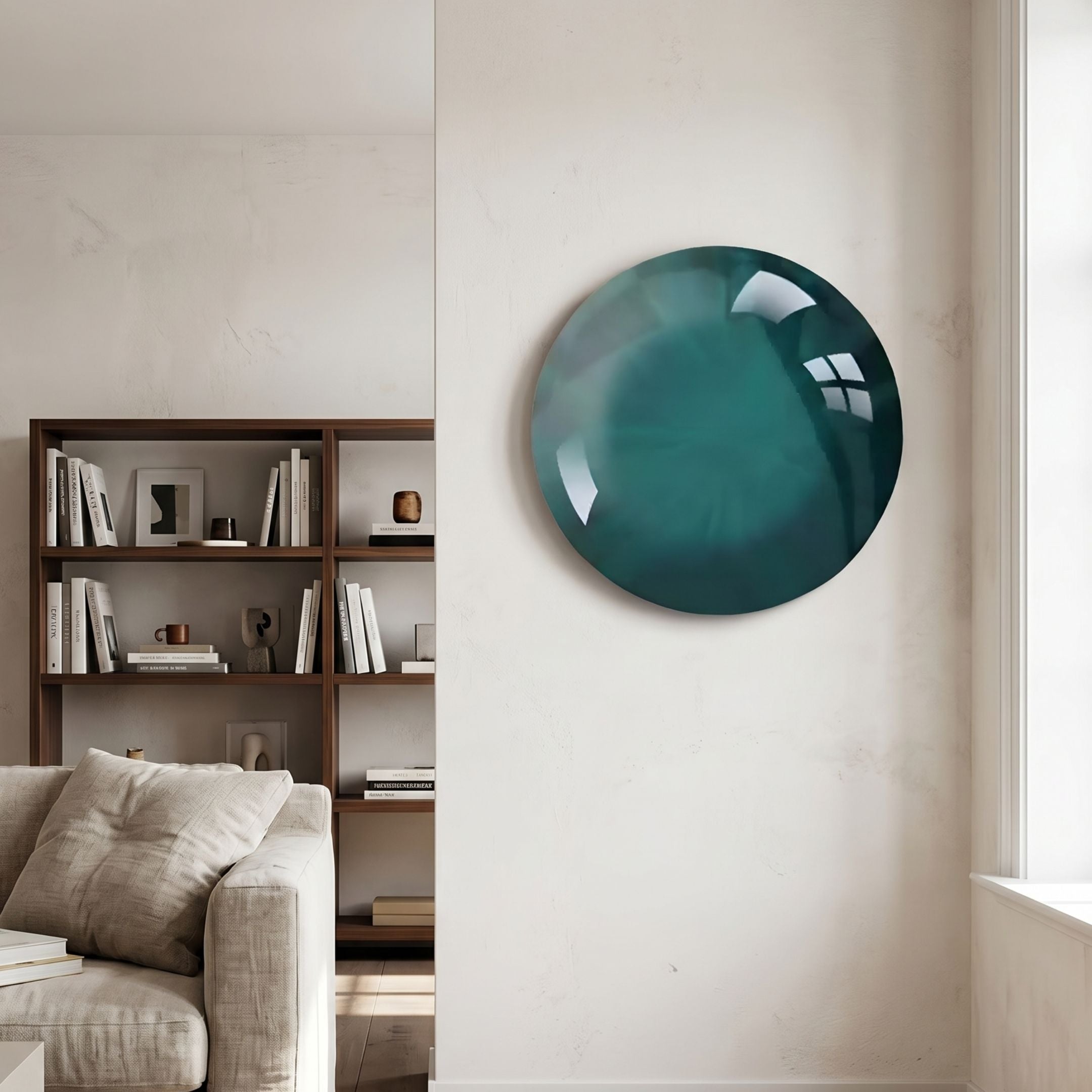 Genesis Jade 3D Resin Crystal Porcelain LED Wall Art by Giant Sculptures, glossy jade-green disc mounted on a cream wall beside a walnut bookshelf and sofa.