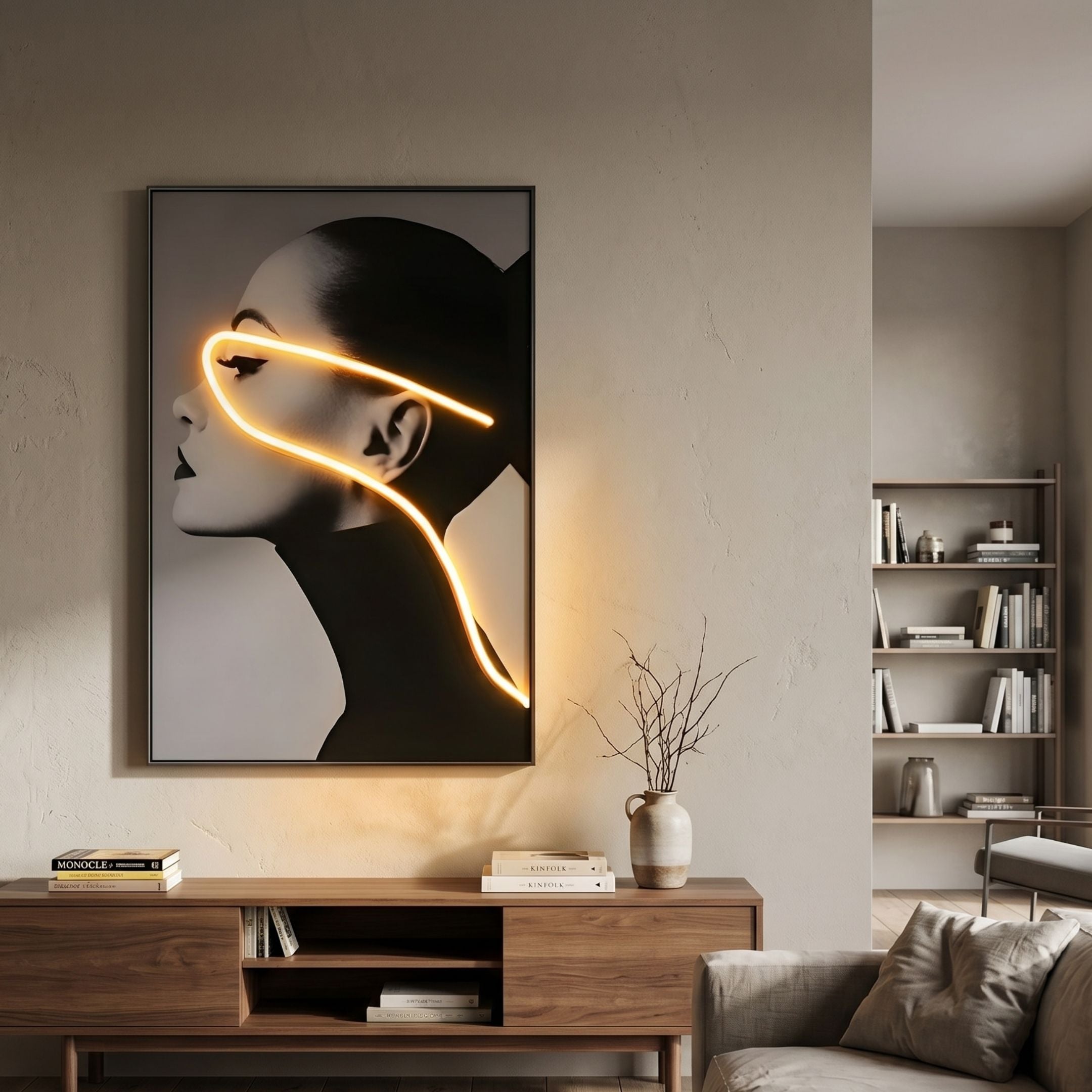 Sylva Radiant Grace Canvas 3D LED Wall Art displaying a monochrome woman's profile traced with a glowing yellow neon curve, mounted above a walnut sideboard.